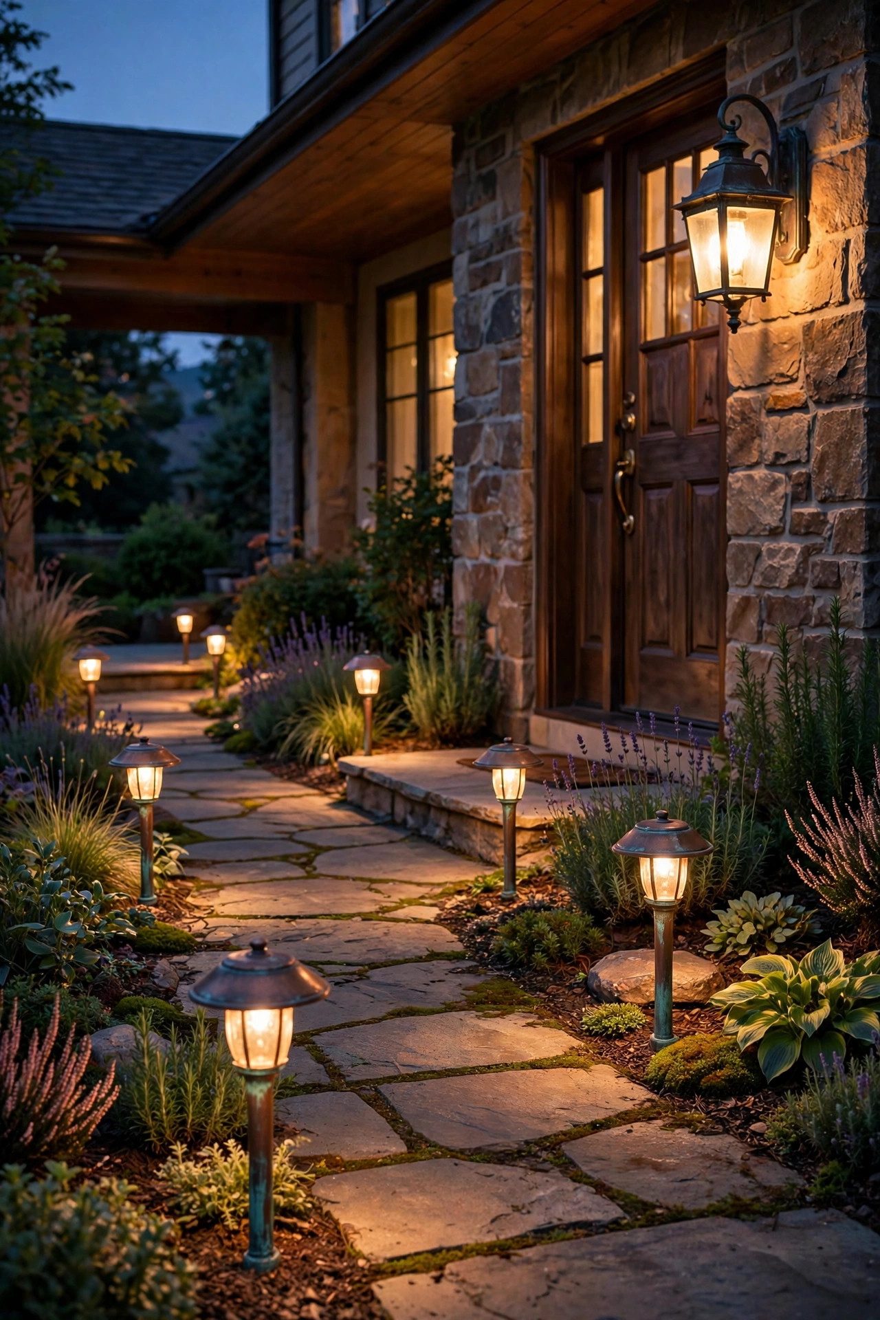 Copper path lights with a warm patina lining a walkway beside a matching bronze coach light at the front door