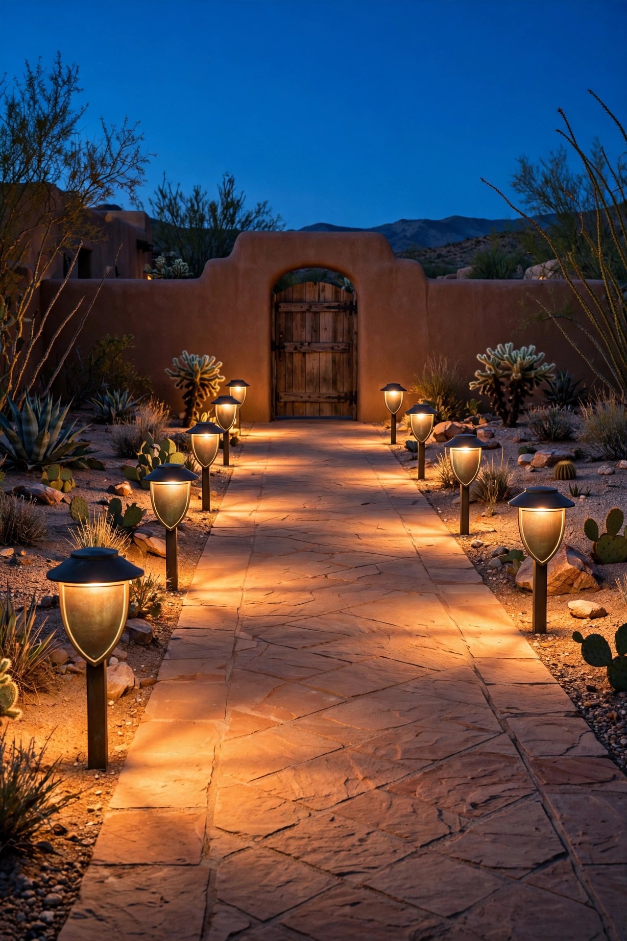 Shielded bronze bollard lights lining a desert driveway at dusk, warm light fanning across pavers toward an adobe courtyard gate