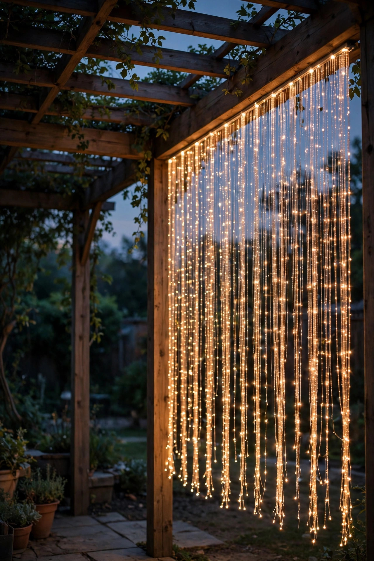 Solar curtain light of fine glowing strands hanging down one open side of a pergola at night