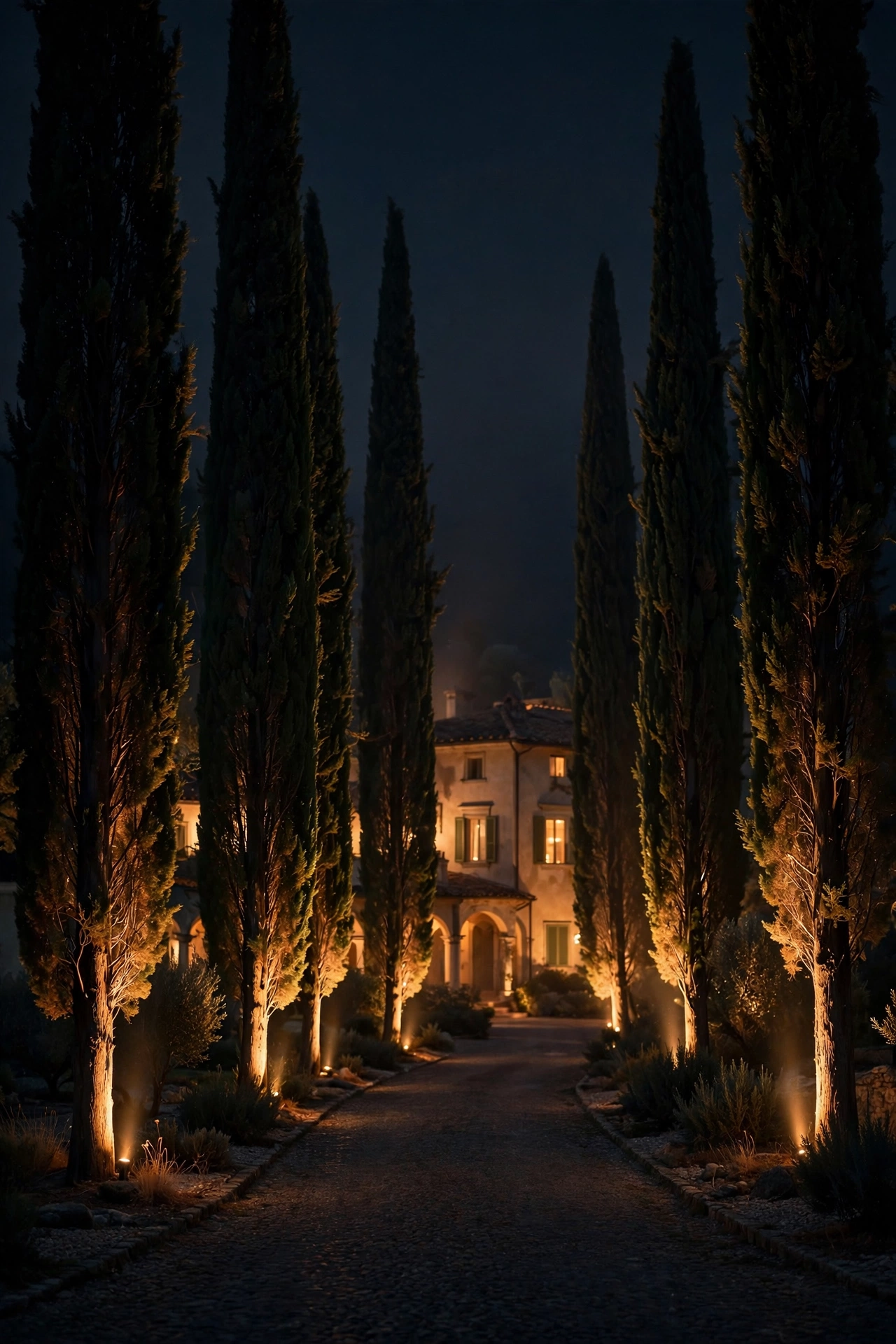 Italian cypress trees uplighted with narrow warm beams along a villa driveway at night