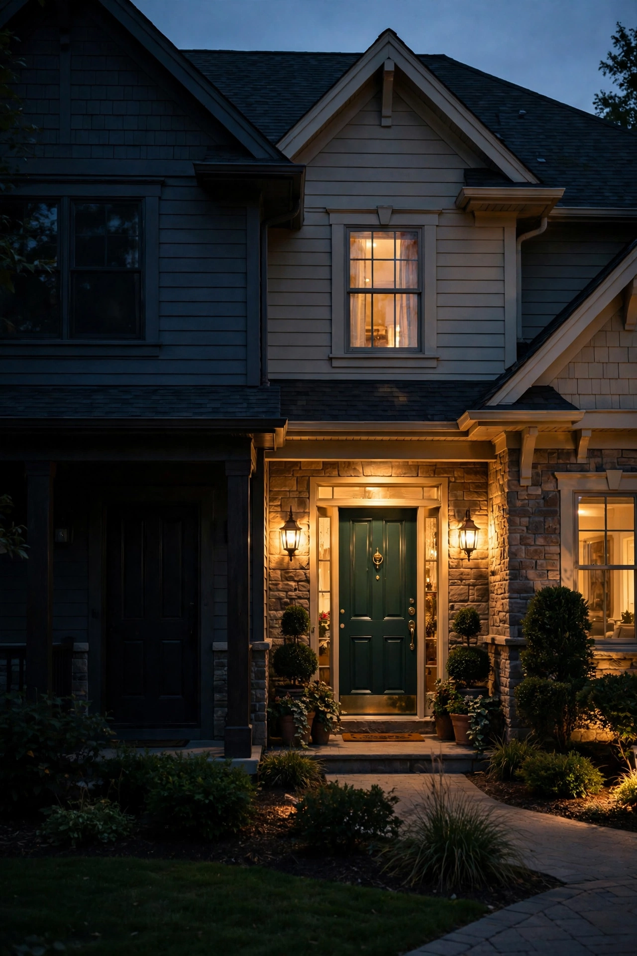 Beautifully lit house facade with a dark shadowy front door compared to a warmly lit welcoming entryway with flanking sconces