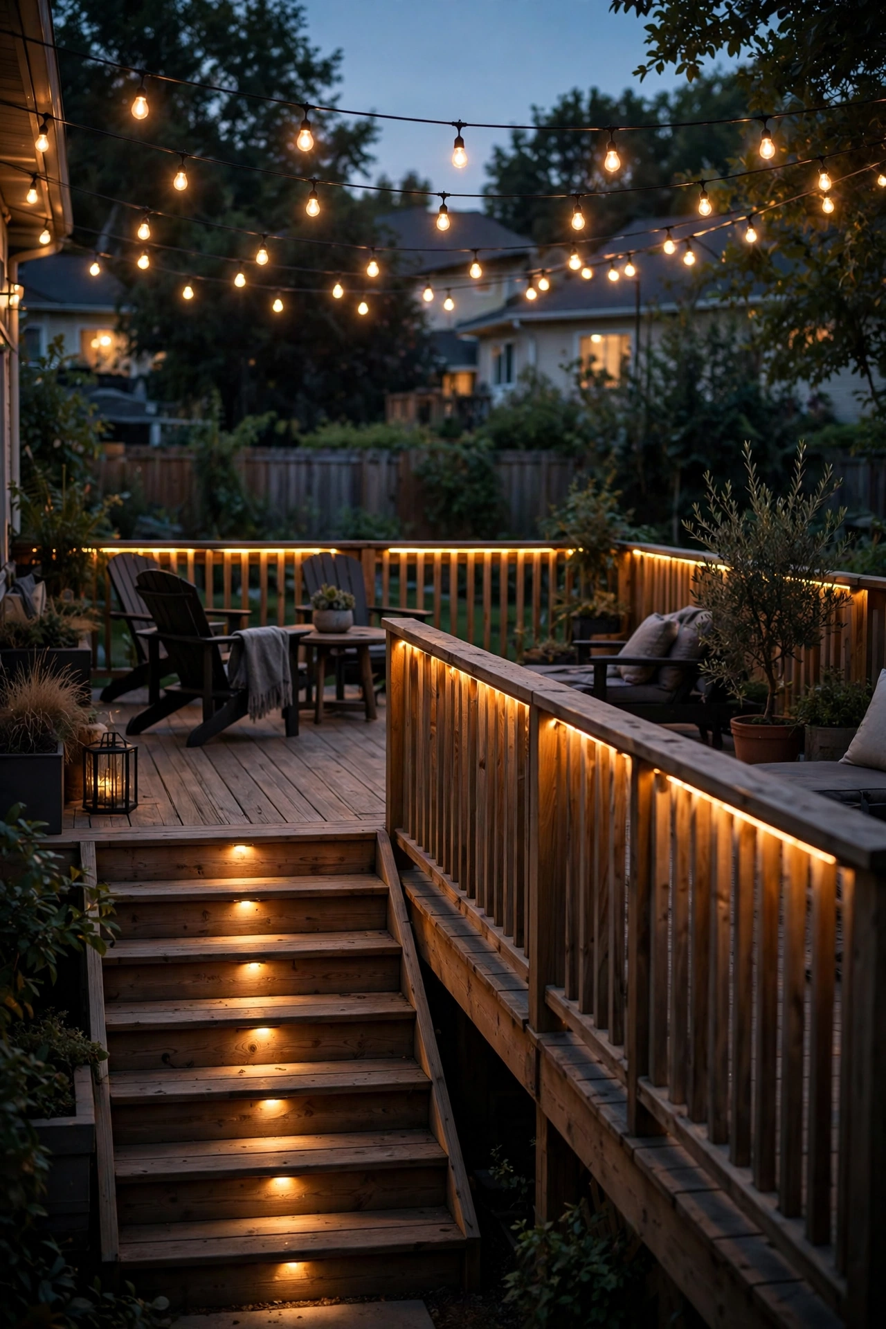 Deck at night with layered lighting — soft step lights, warm post caps and gentle accent glow creating depth