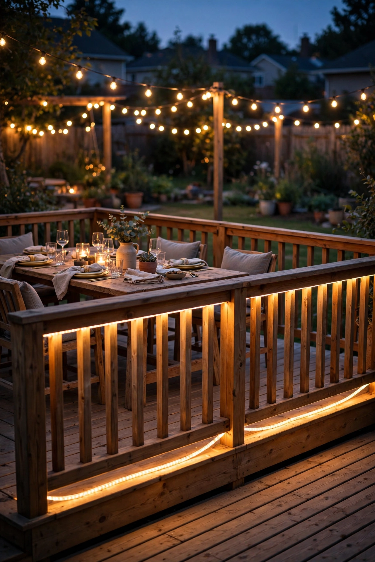 Warm rope lights under deck railings glowing for safe evening entertaining