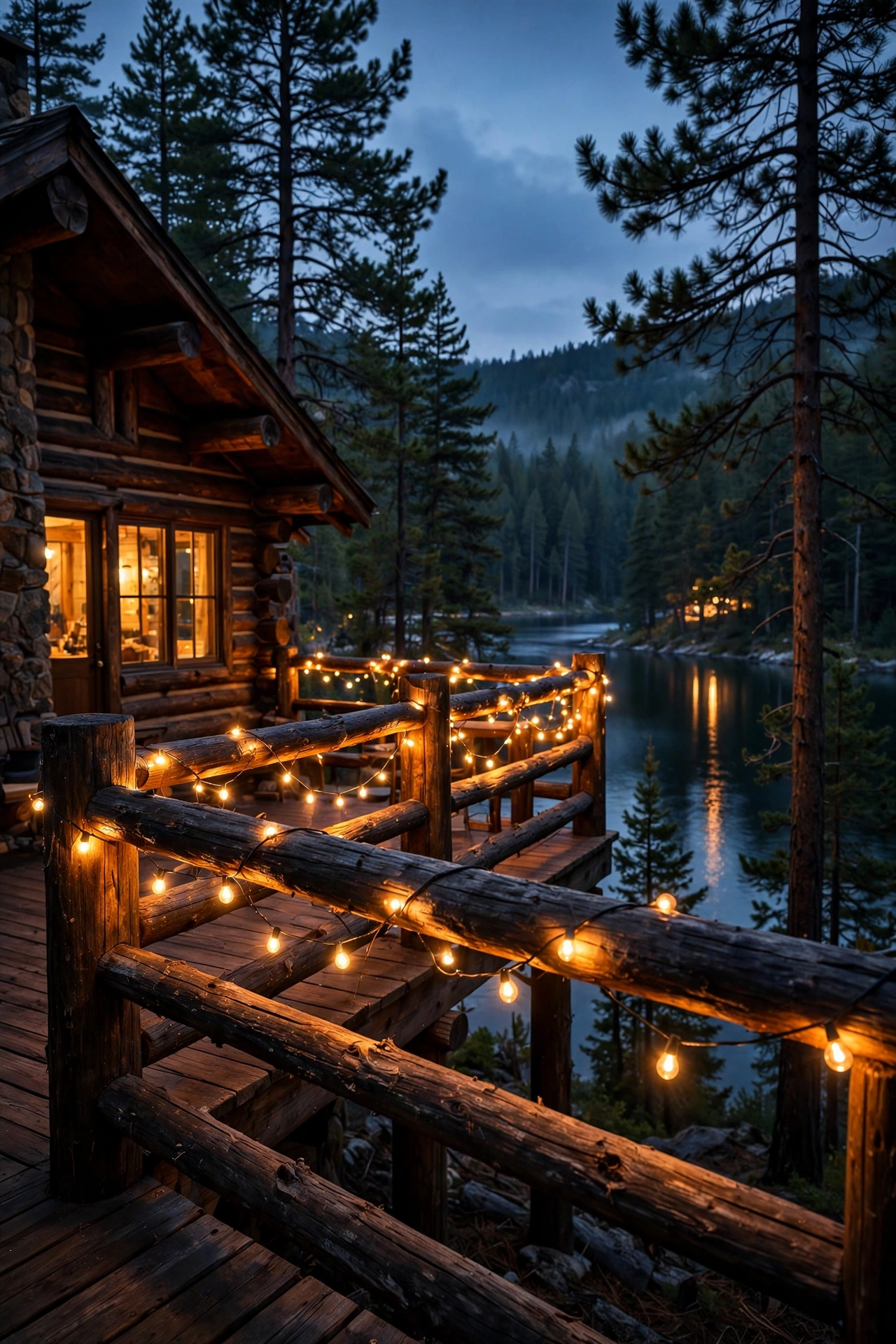 String lights draped along a rustic cabin deck railing glowing over a lake at dusk