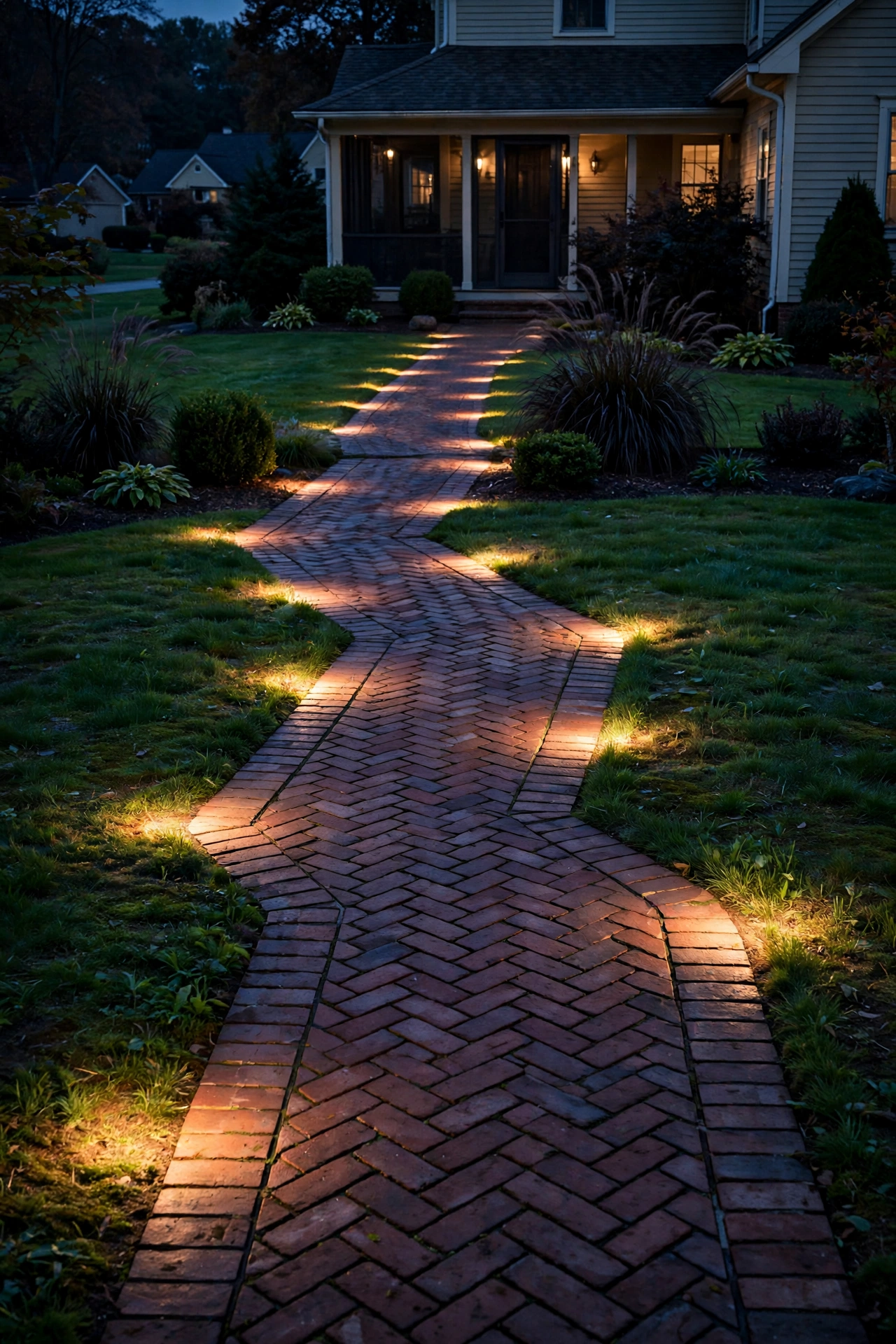 Zigzag pattern of in ground well lights landscape fixtures glowing along a brick walkway