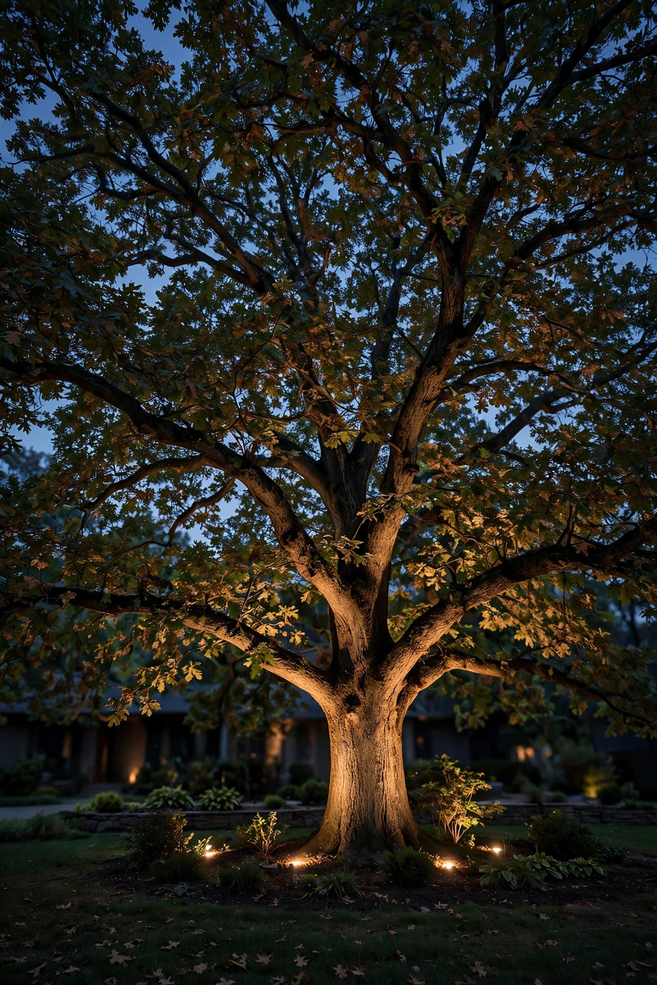 Large oak tree canopy softly illuminated by a dimmed uplight in a front yard at night