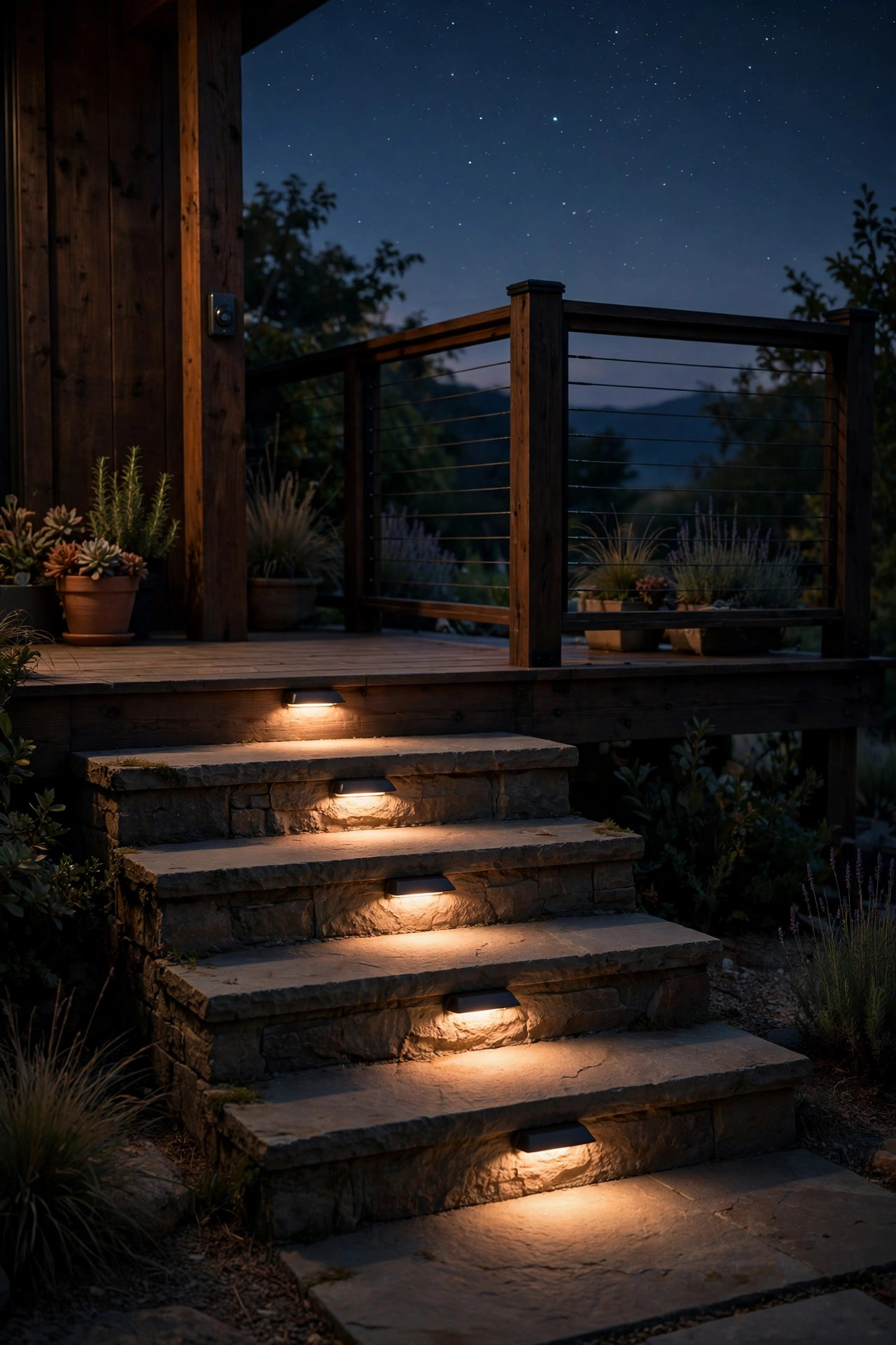 Hooded step lights on a dimmer casting a faint warm wash over patio steps at night under a starry sky