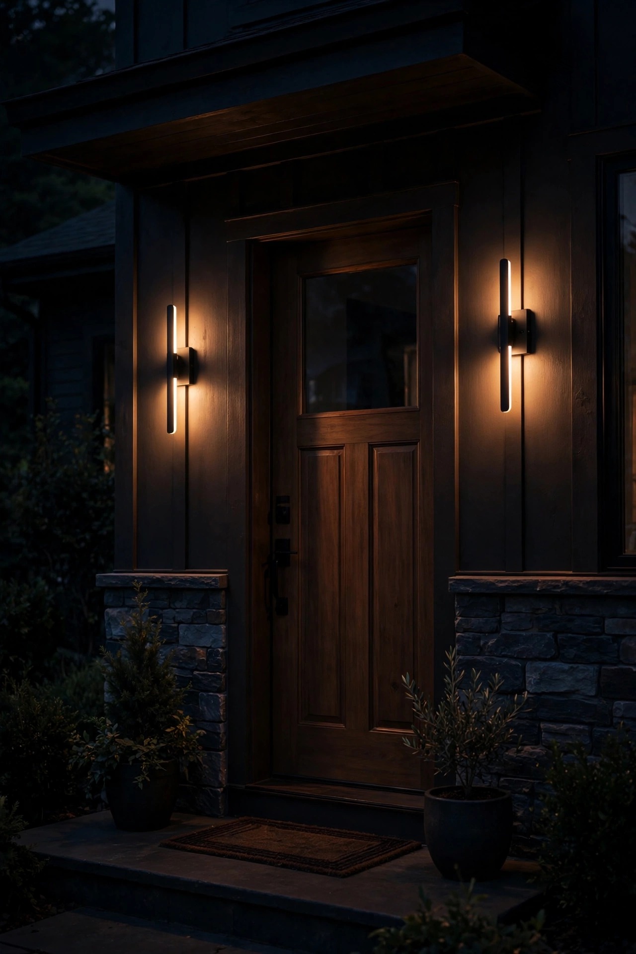 Porch lights dimmed to a low warm ember late in the evening, dual-brightness outdoor lighting glowing softly beside a front door