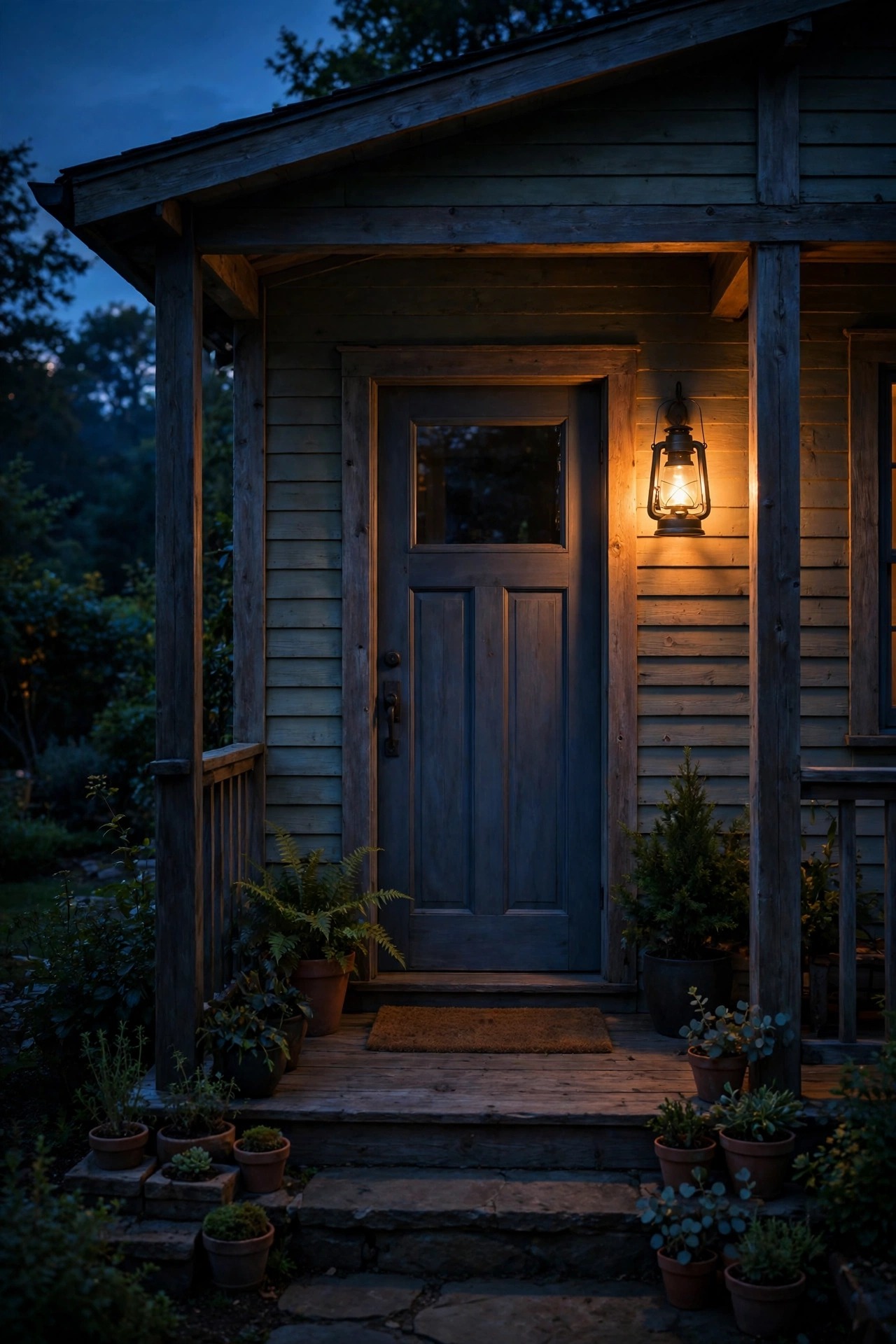 Front porch at twilight with a soft dusk-to-dawn lantern glowing steadily beside the door as deeper night falls