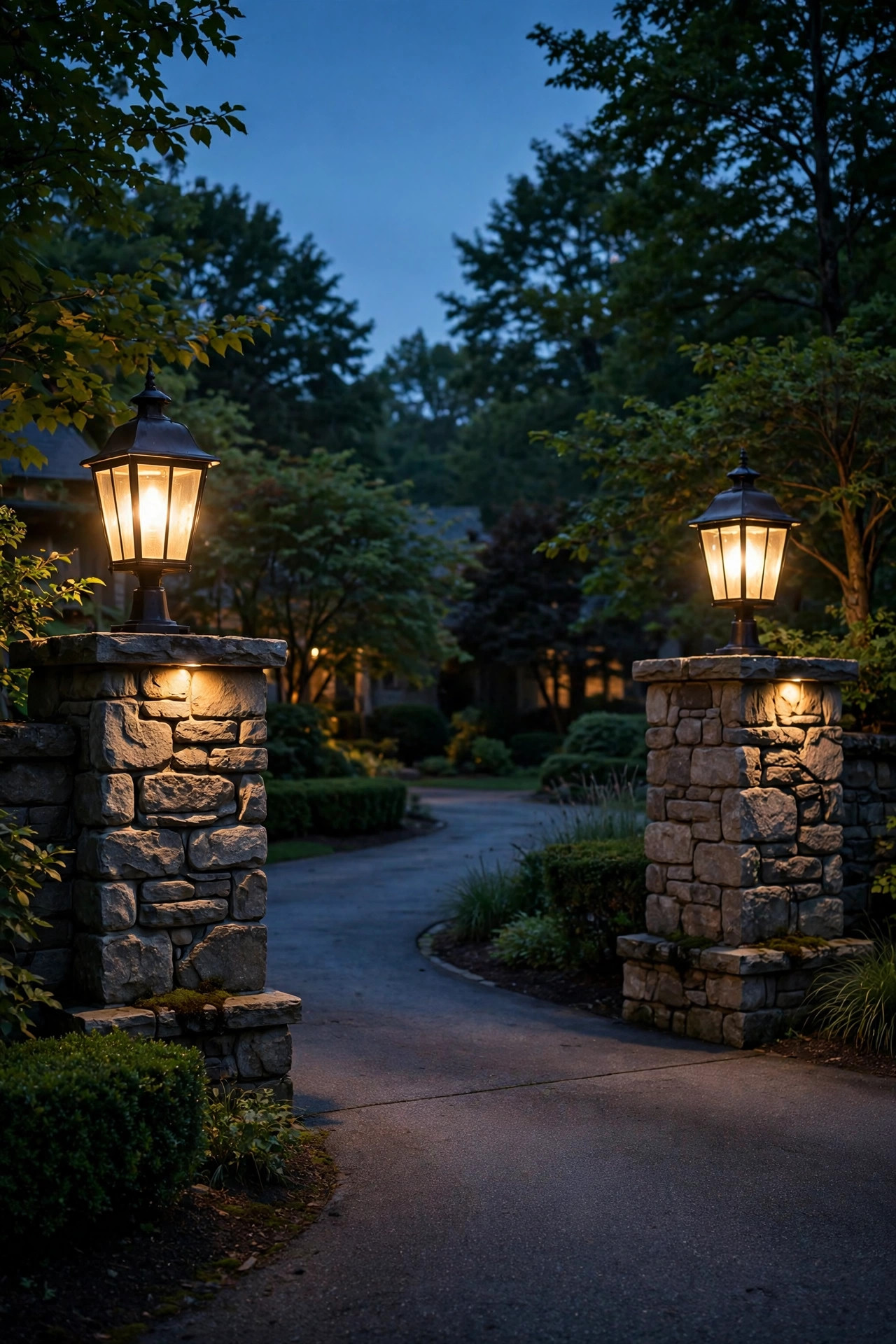 Pair of pier mount post lights marking a driveway entrance at night