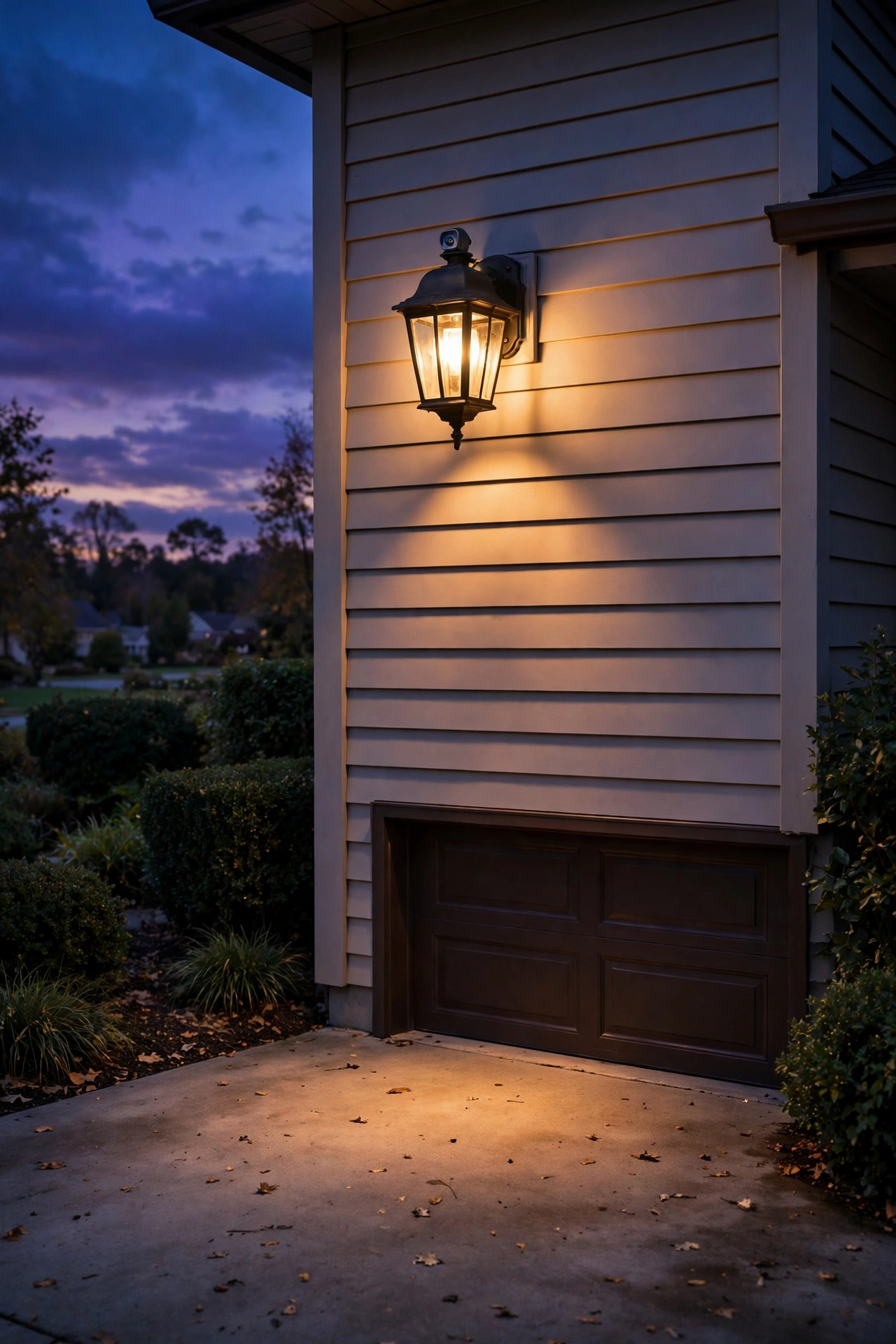 Dusk-to-dawn carriage lantern glowing on a garage wall as evening falls