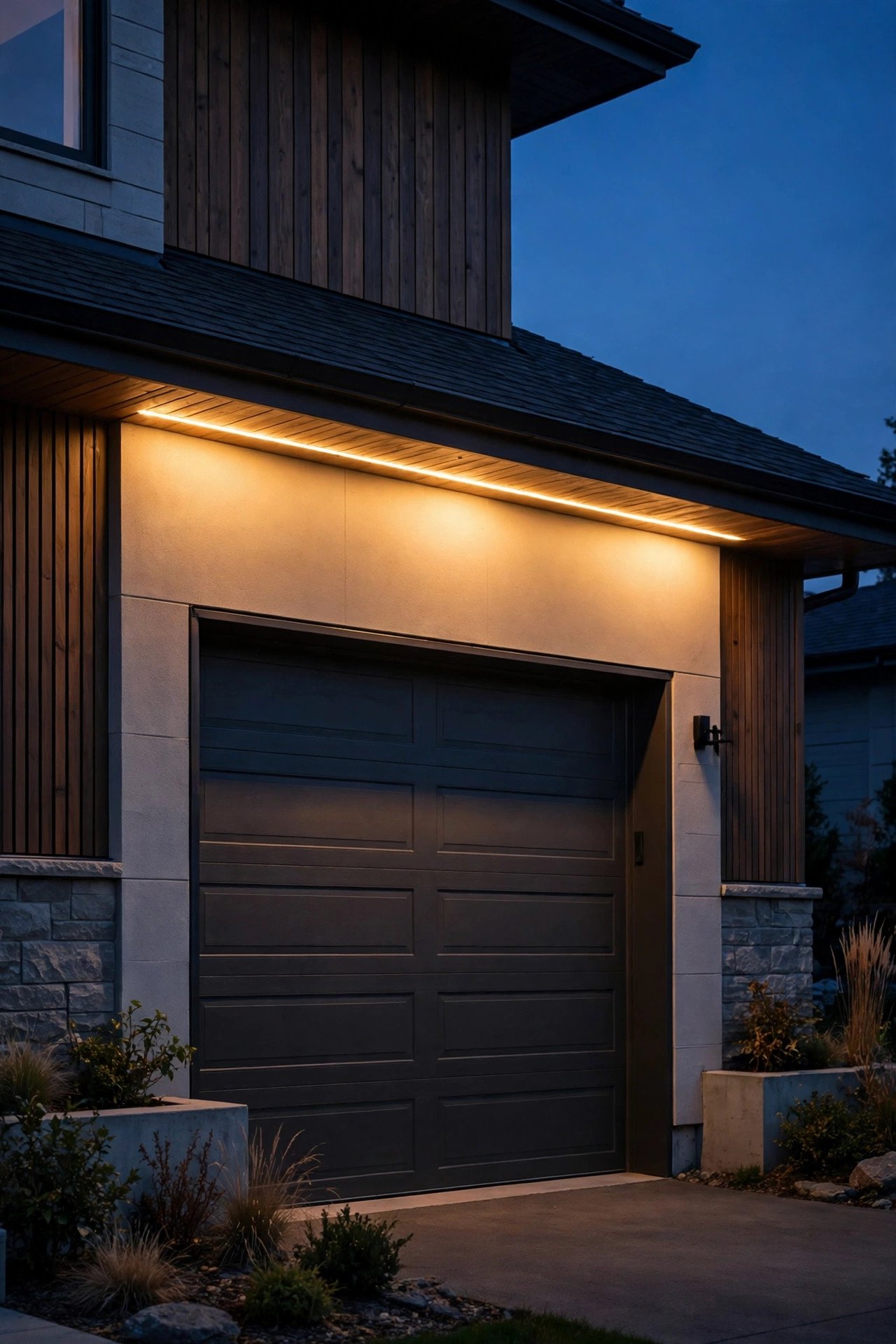 Hidden LED strip under the eave edge washing warm light down over a garage door