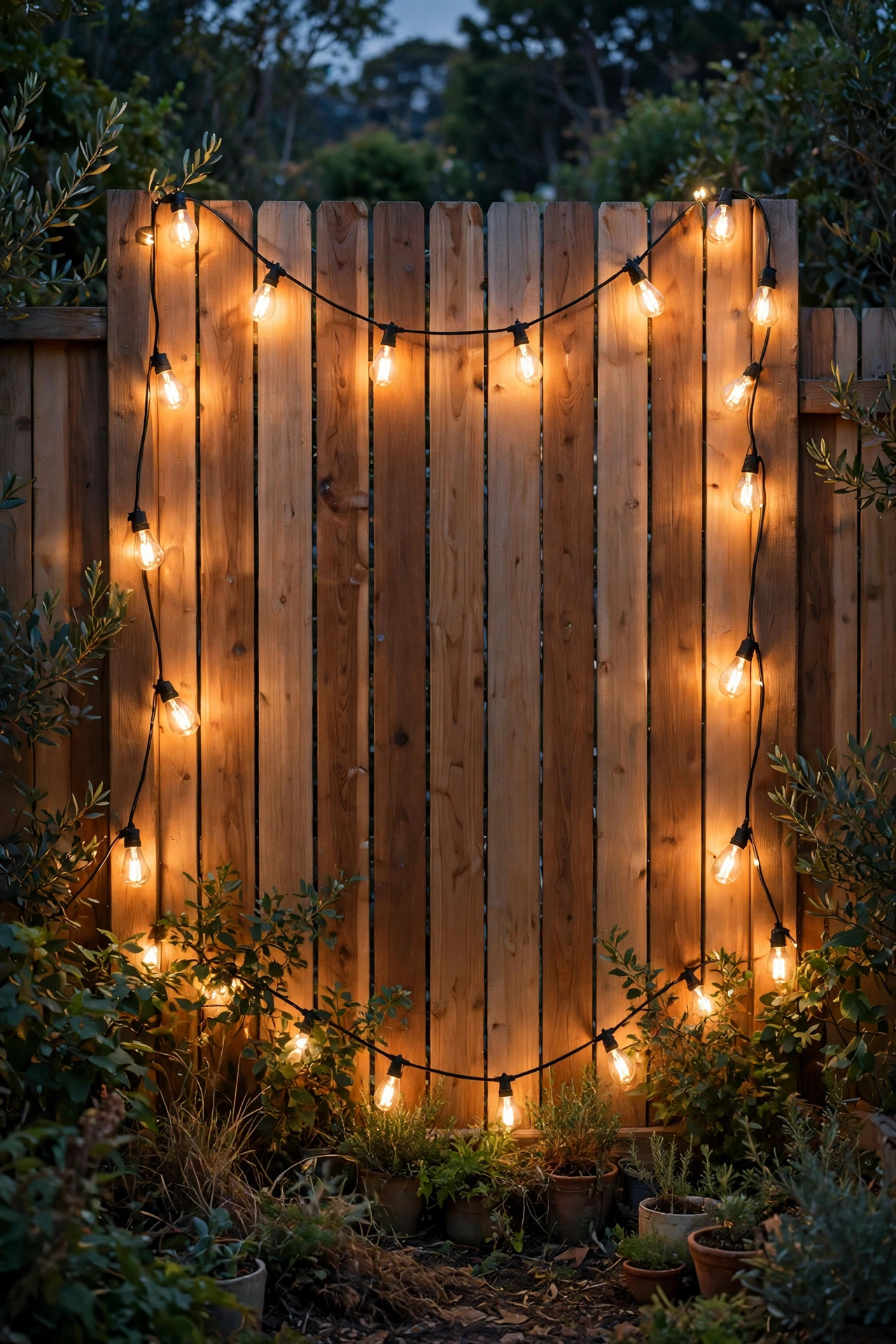 Edison style filament bulbs swagged in a glowing frame around a cedar fence photo backdrop at dusk