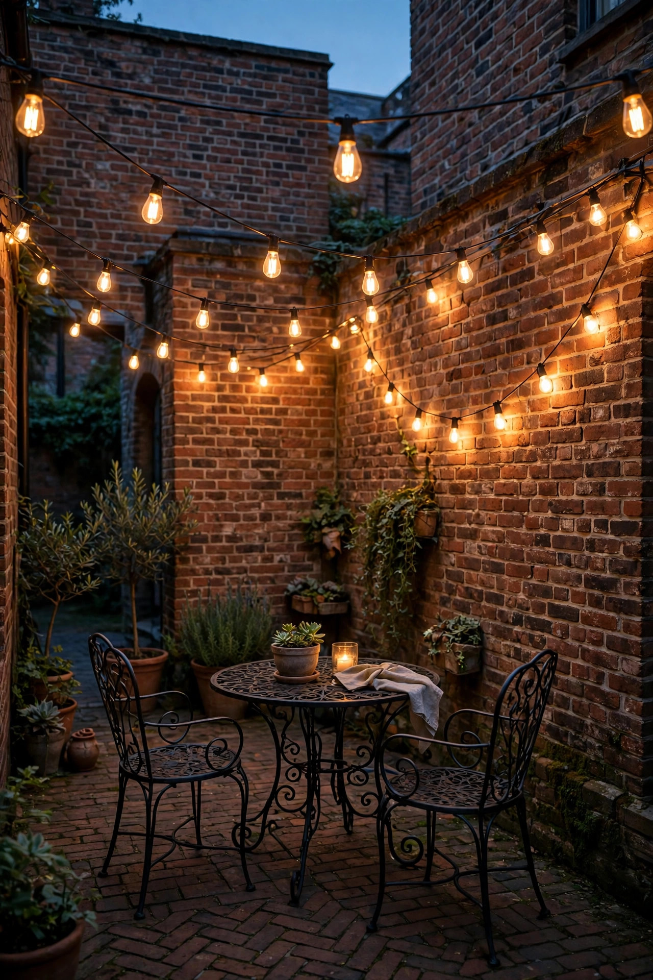 Amber Edison filament string lights draped over a brick courtyard with wrought iron furniture