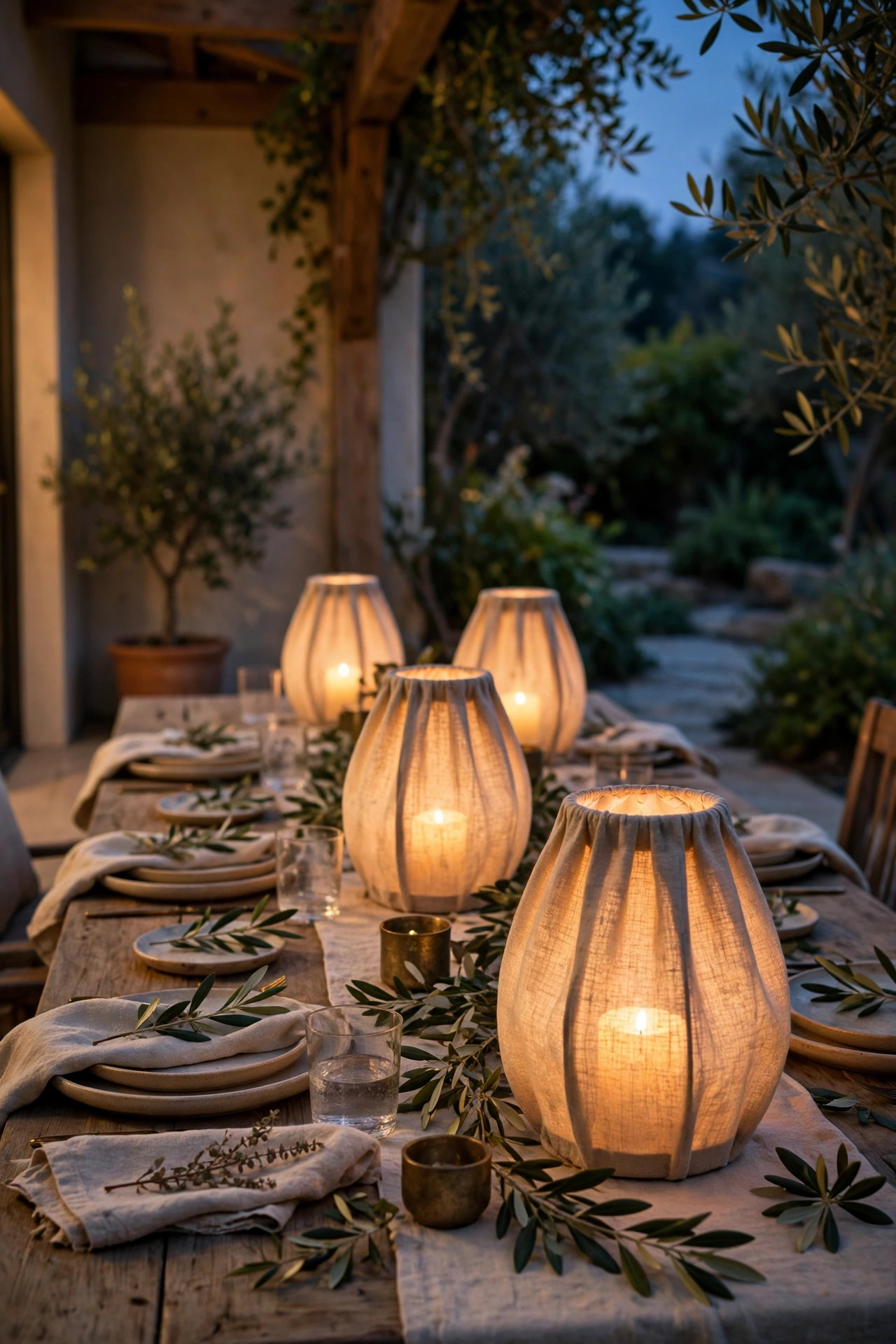 Fabric table lanterns with flameless candles glowing along an outdoor dinner table