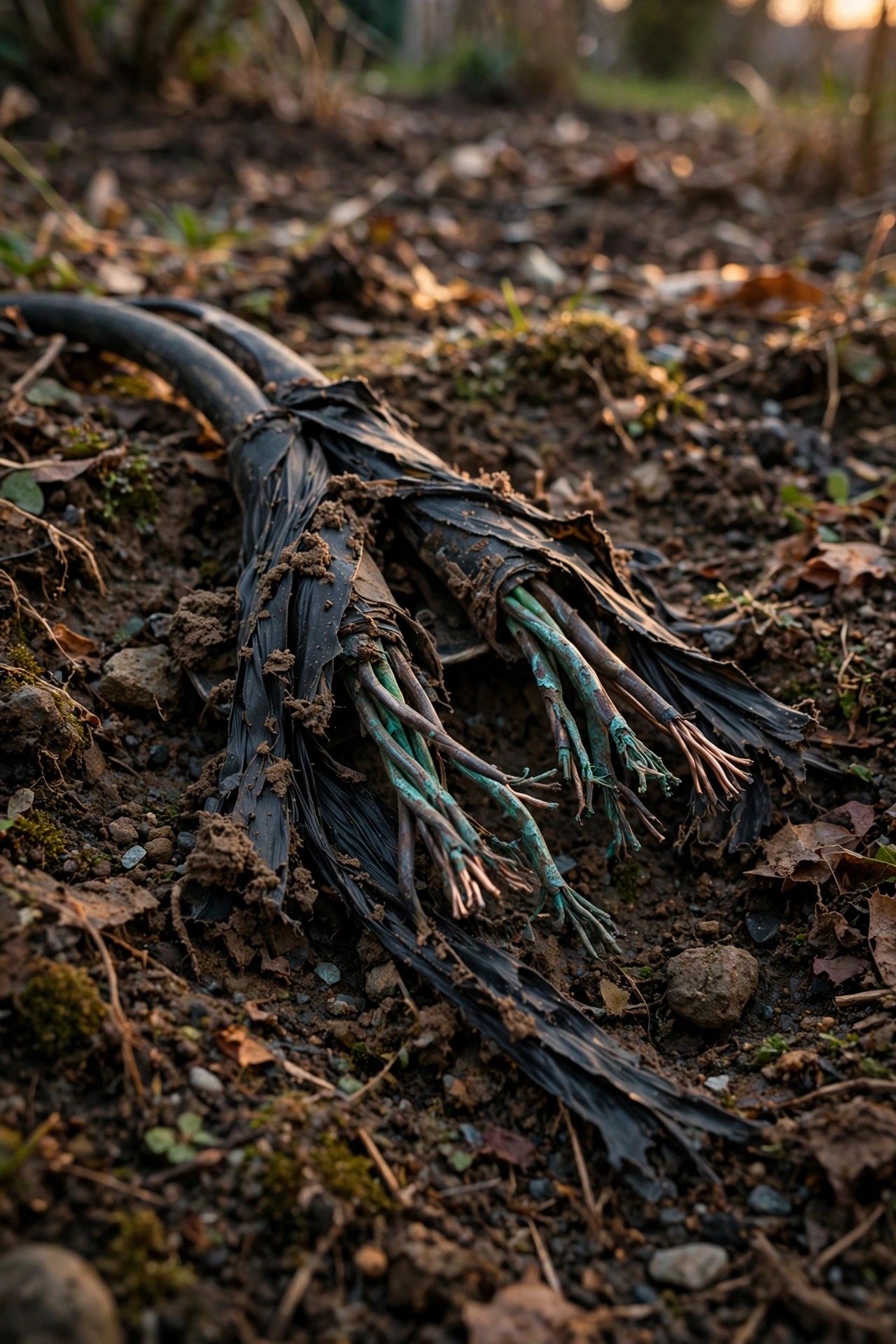 Corroded failed landscape lighting cable splice with unraveled electrical tape dug up from garden soil, green oxidized copper showing