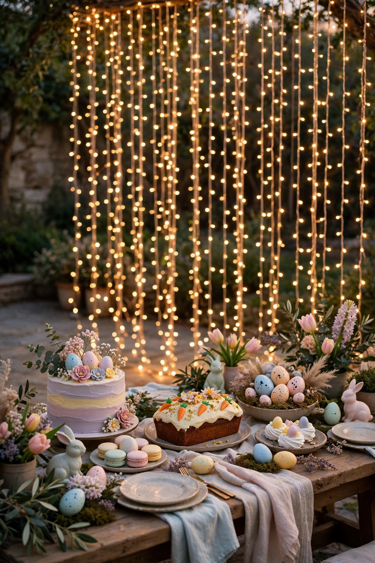 Curtain of warm fairy lights draped behind balcony seating at dusk, soft sparkling backdrop