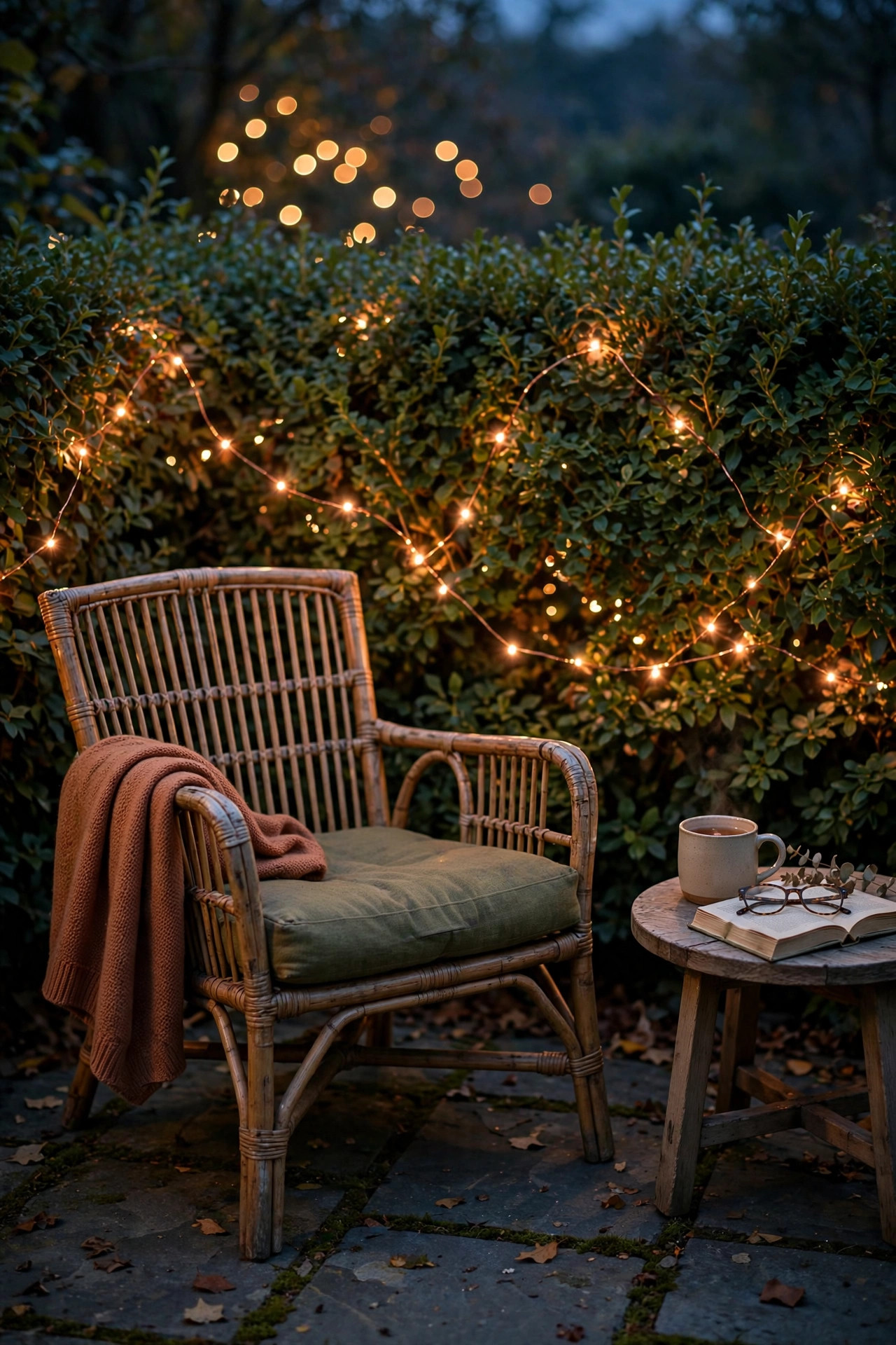 Copper-wire fairy lights sparkling softly through a green hedge behind an outdoor reading chair at nightfall