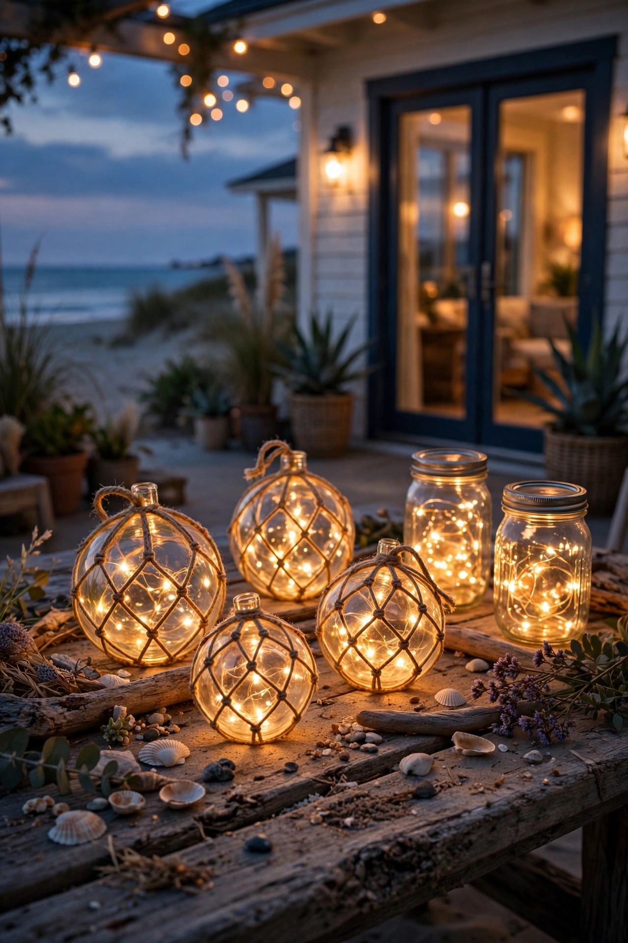 Fairy lights glowing inside glass floats and mason jars on a beach house patio table