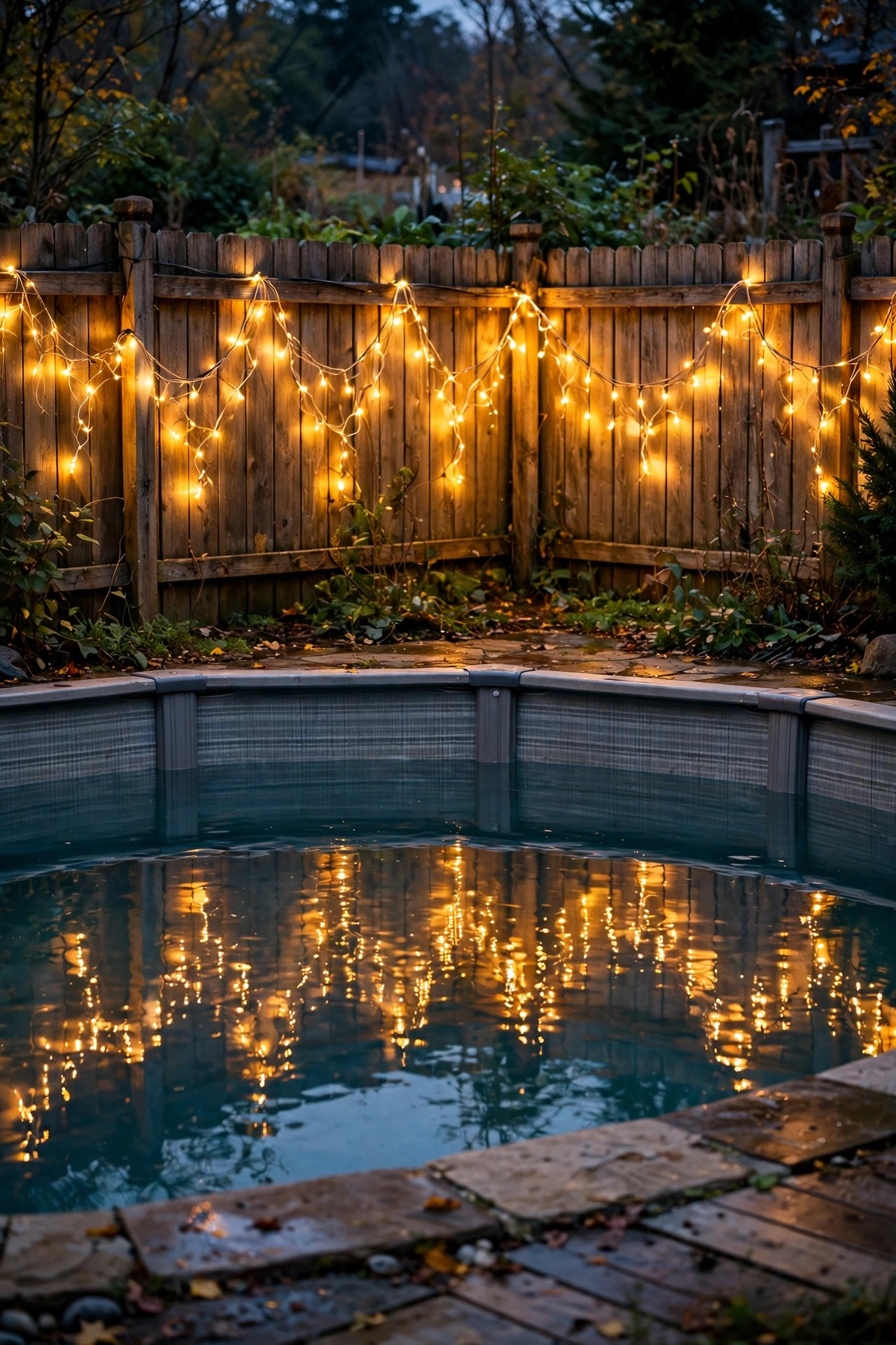 Copper-wire fairy lights woven along a wooden fence behind an above-ground pool, reflecting in the water