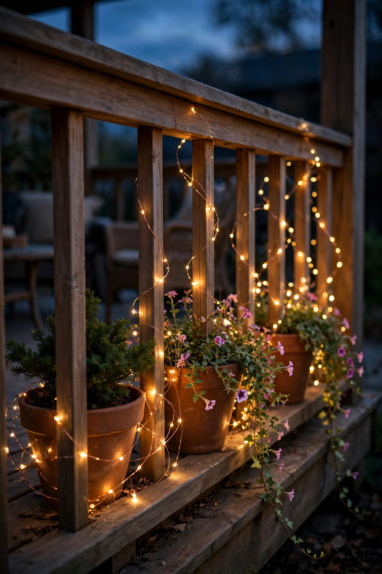 Twinkling fairy lights woven through a back porch railing and planters at dusk