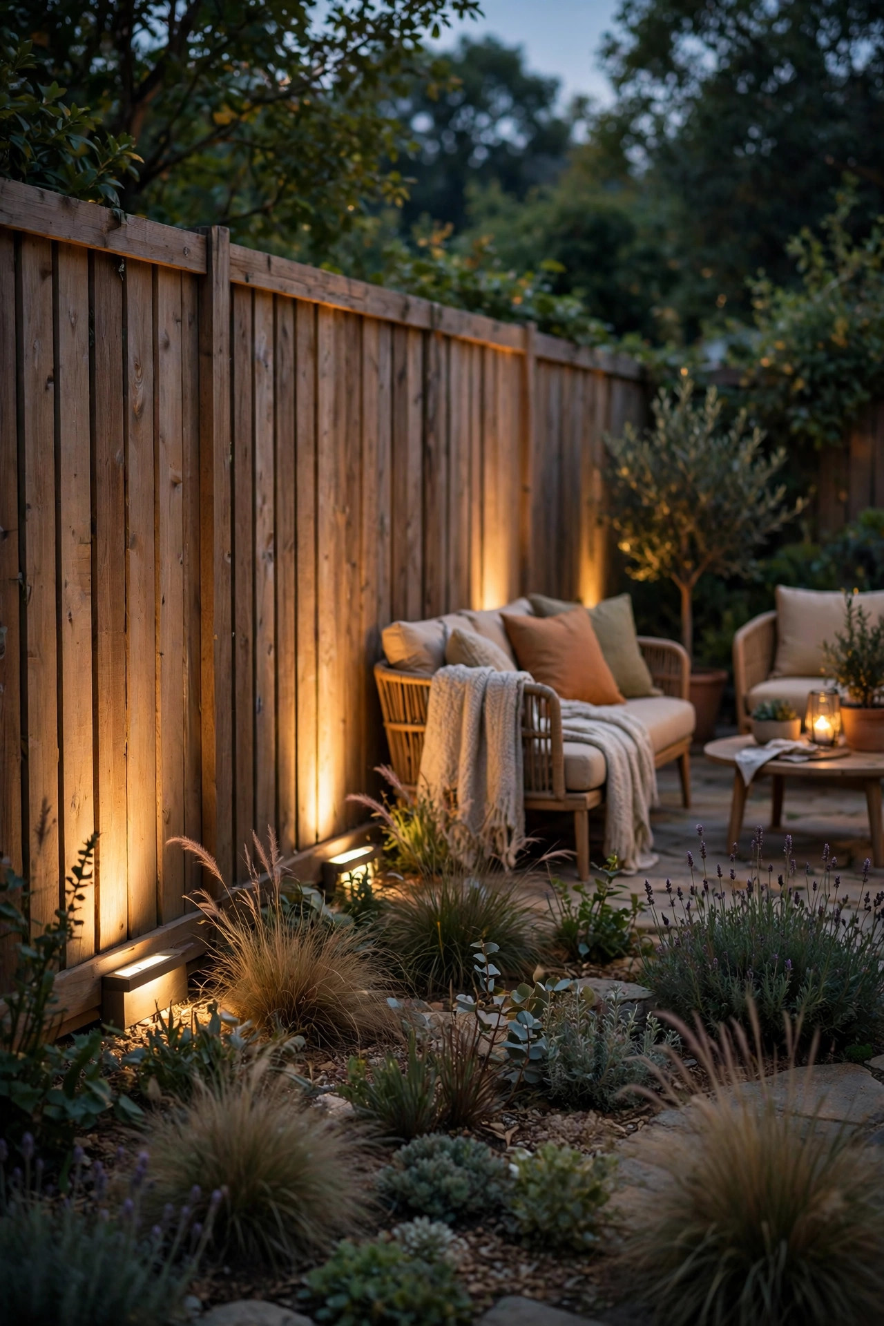 Soft uplights washing a wooden fence and garden bed with warm light behind a backyard seating area