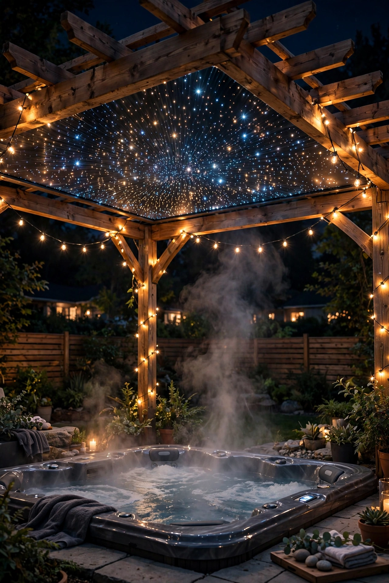 Twinkling fiber-optic star ceiling installed under a pergola above a hot tub