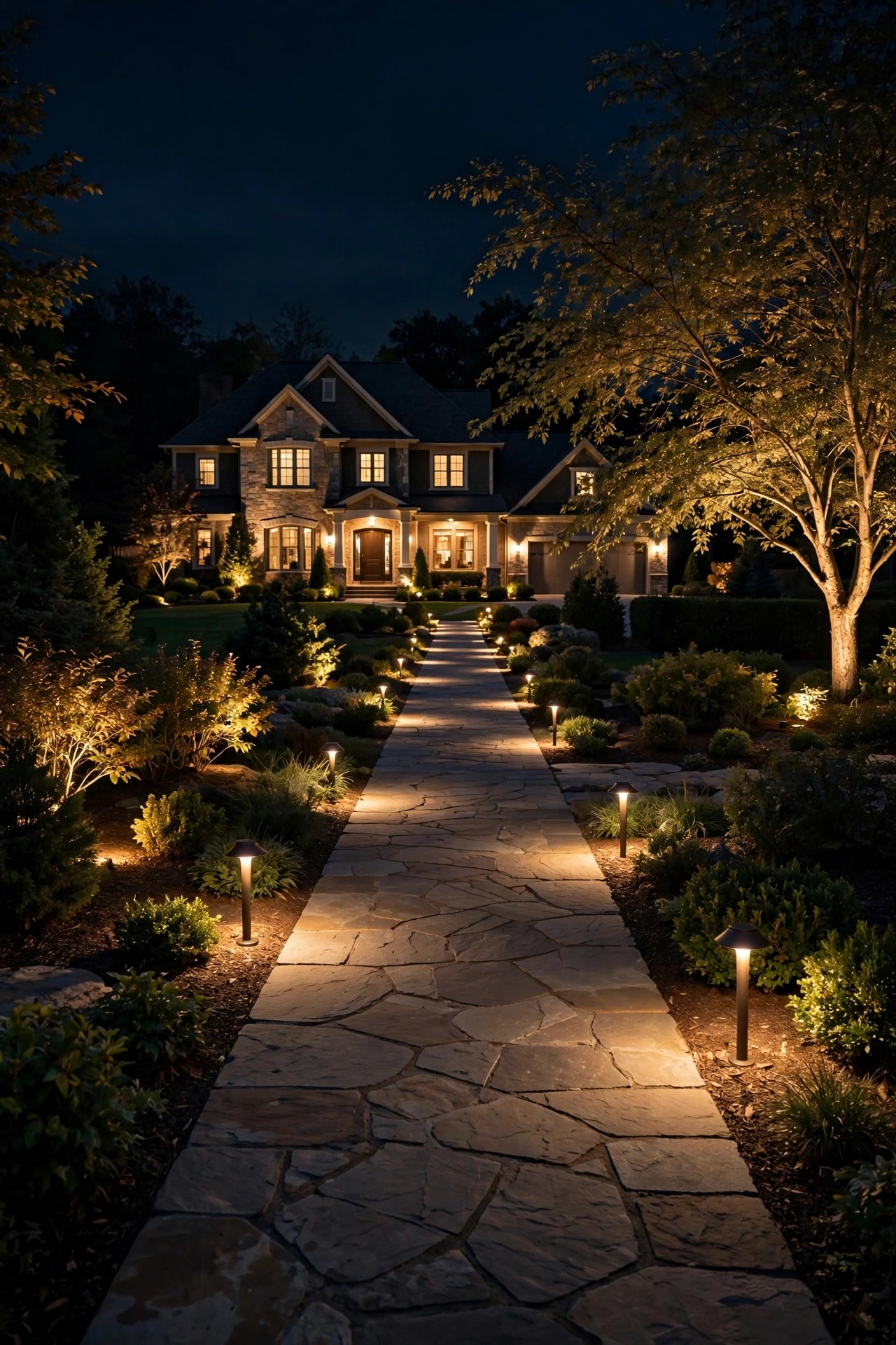 Contractor and homeowner doing a final nighttime walkthrough of a completed landscape lighting installation with warm glowing path and accent lights