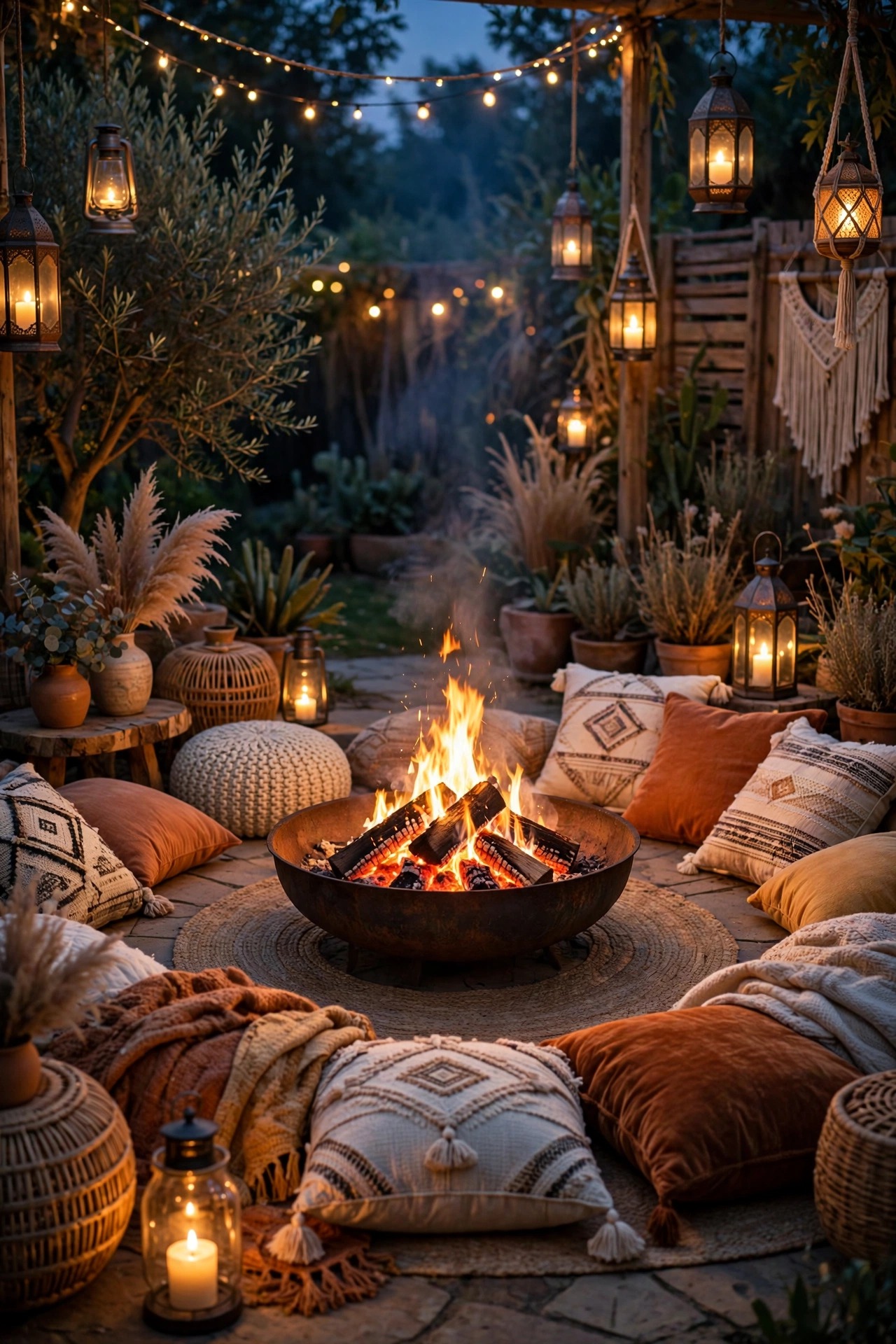 Fire bowl glowing at the center of a boho backyard seating circle with lanterns and cushions at dusk