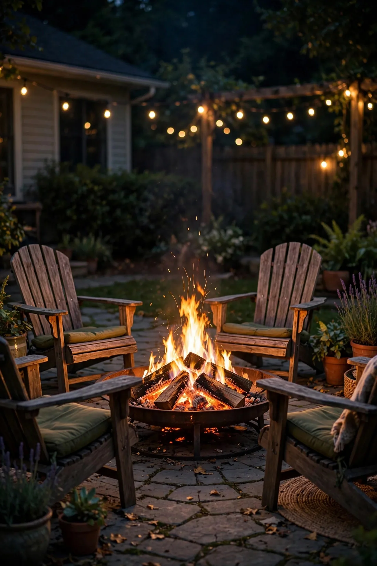 Fire pit glowing as the centerpiece of a summer patio with string lights dimmed around it