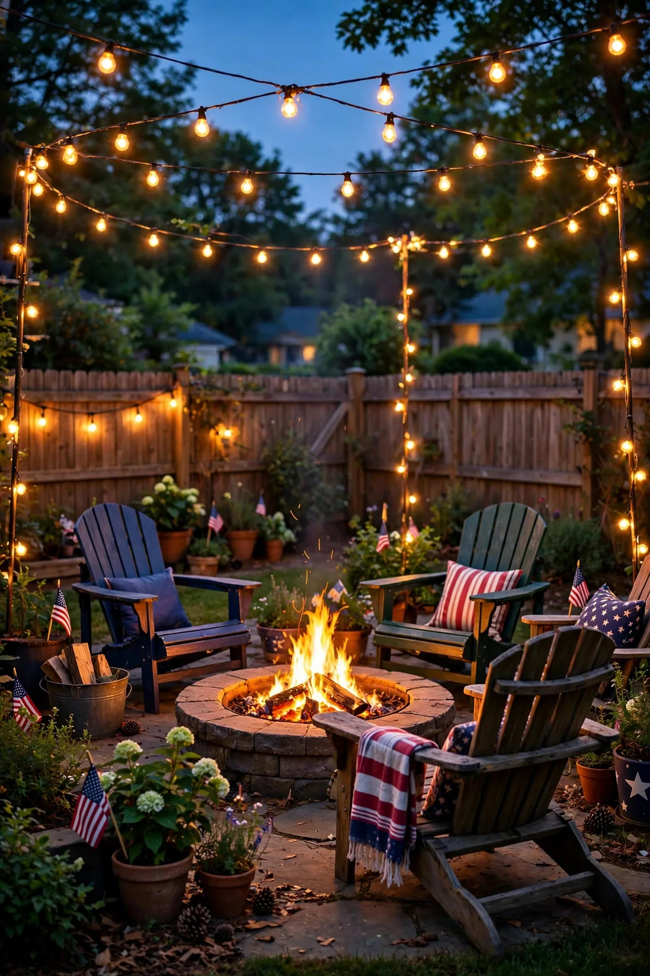 Warm string lights circling a backyard fire pit seating area on the Fourth of July evening