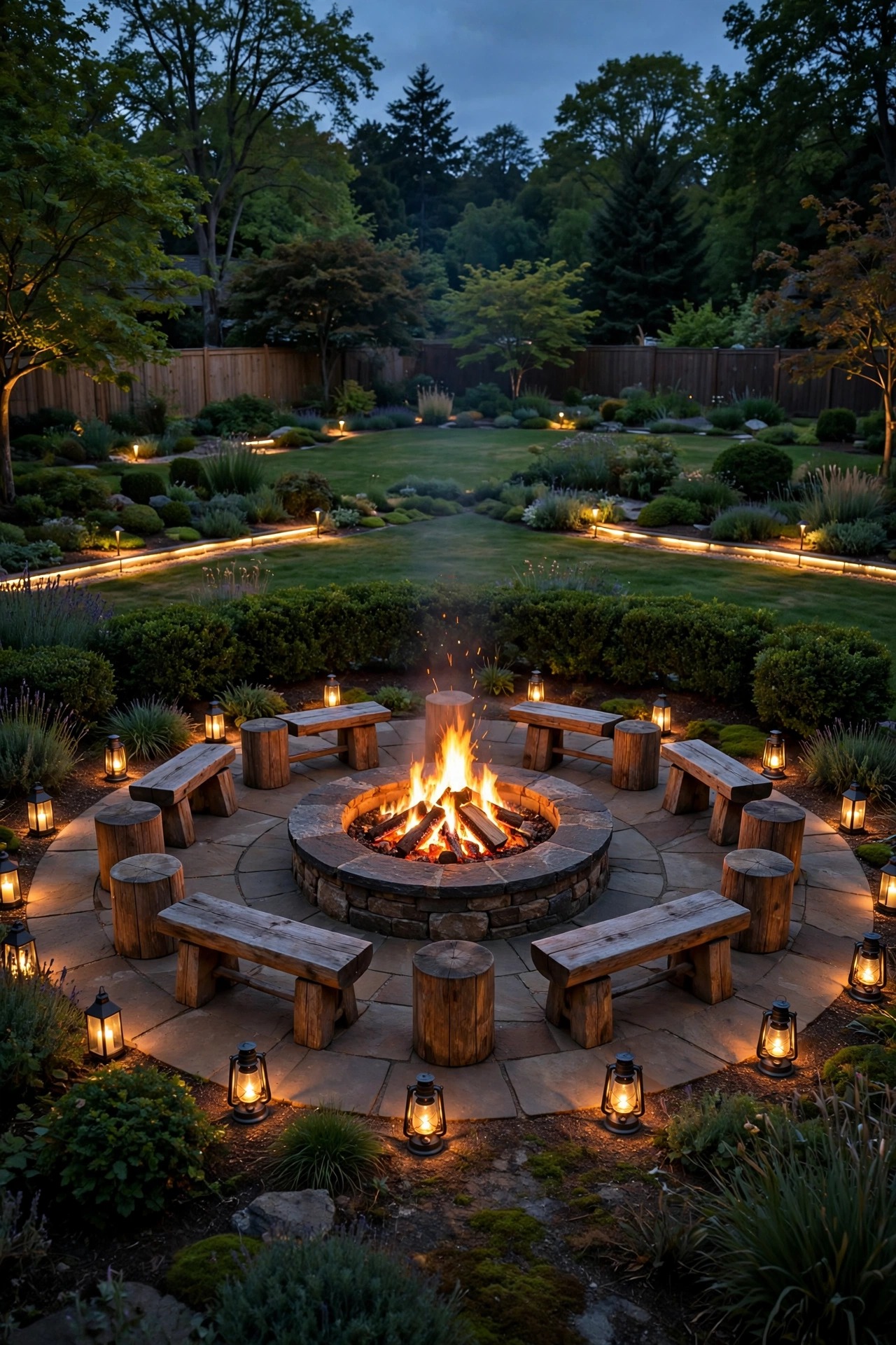 Fire pit seating circle in a large backyard ringed with low warm lanterns and edge lights