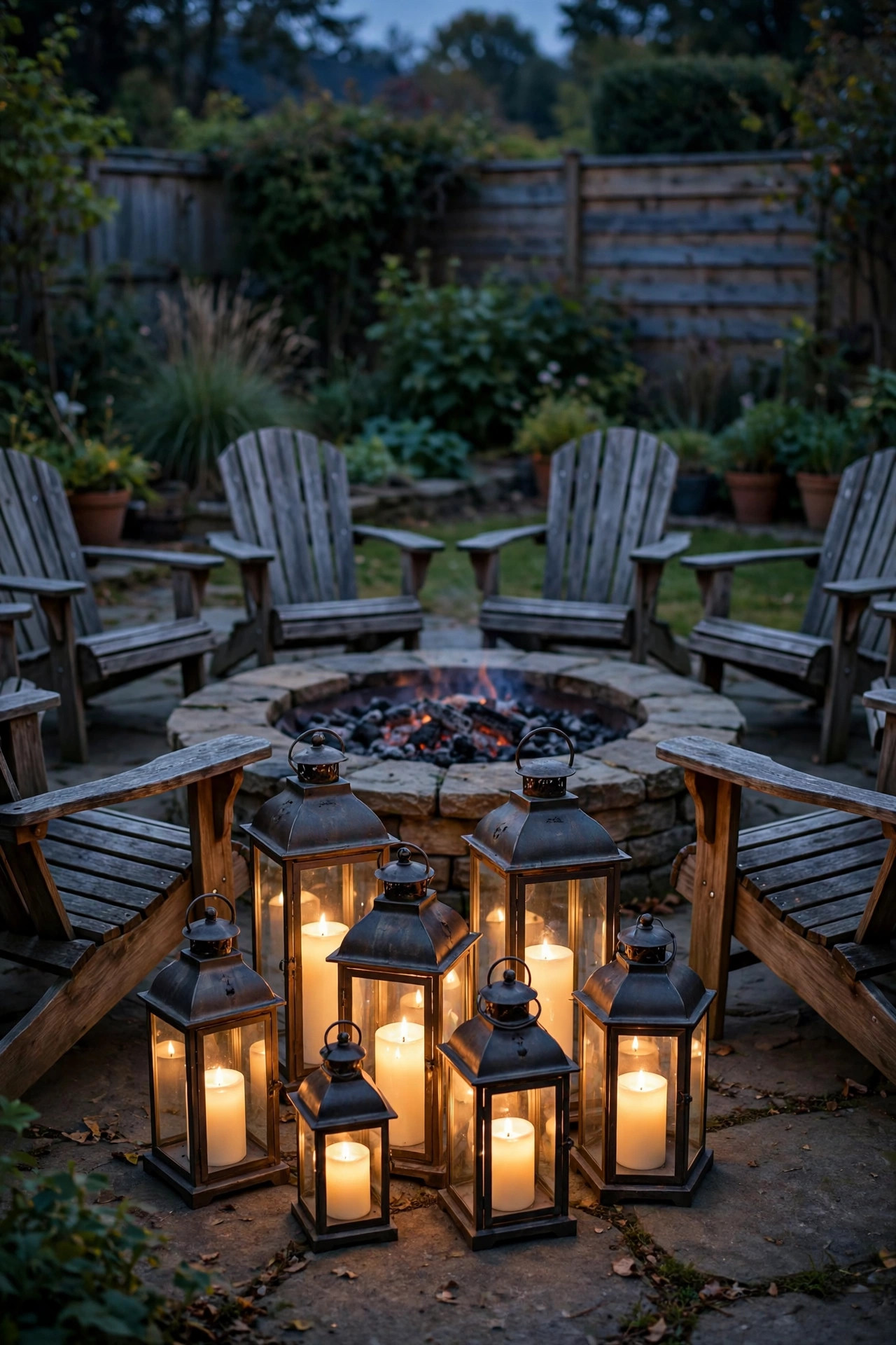 Metal lanterns with flameless candles clustered around a backyard fire pit seating circle at dusk