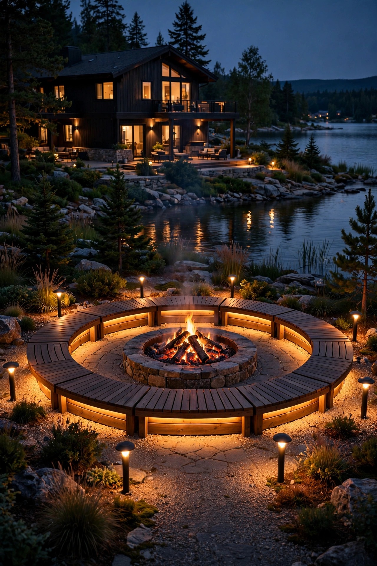 Fire pit seating area ringed with low shielded lights and under-bench glow near a lake house at night