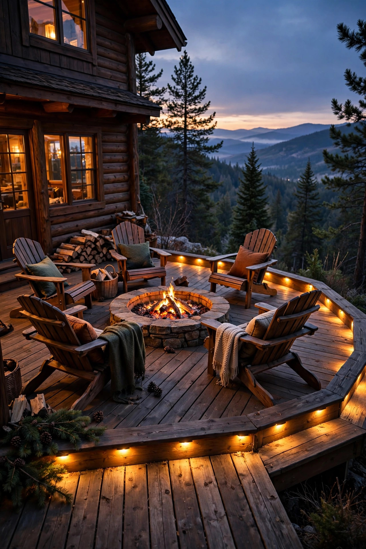 Fire pit seating area on a cabin deck edge ringed with low warm perimeter lights