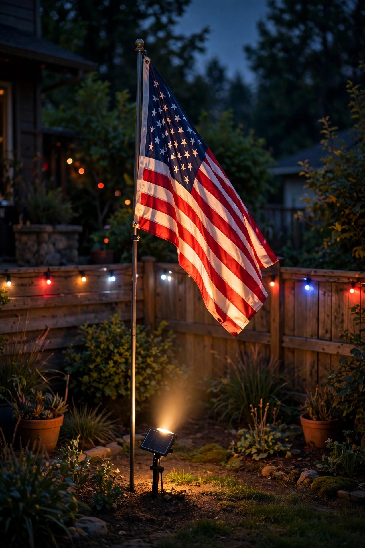 American flag illuminated at night by a solar spotlight in a backyard