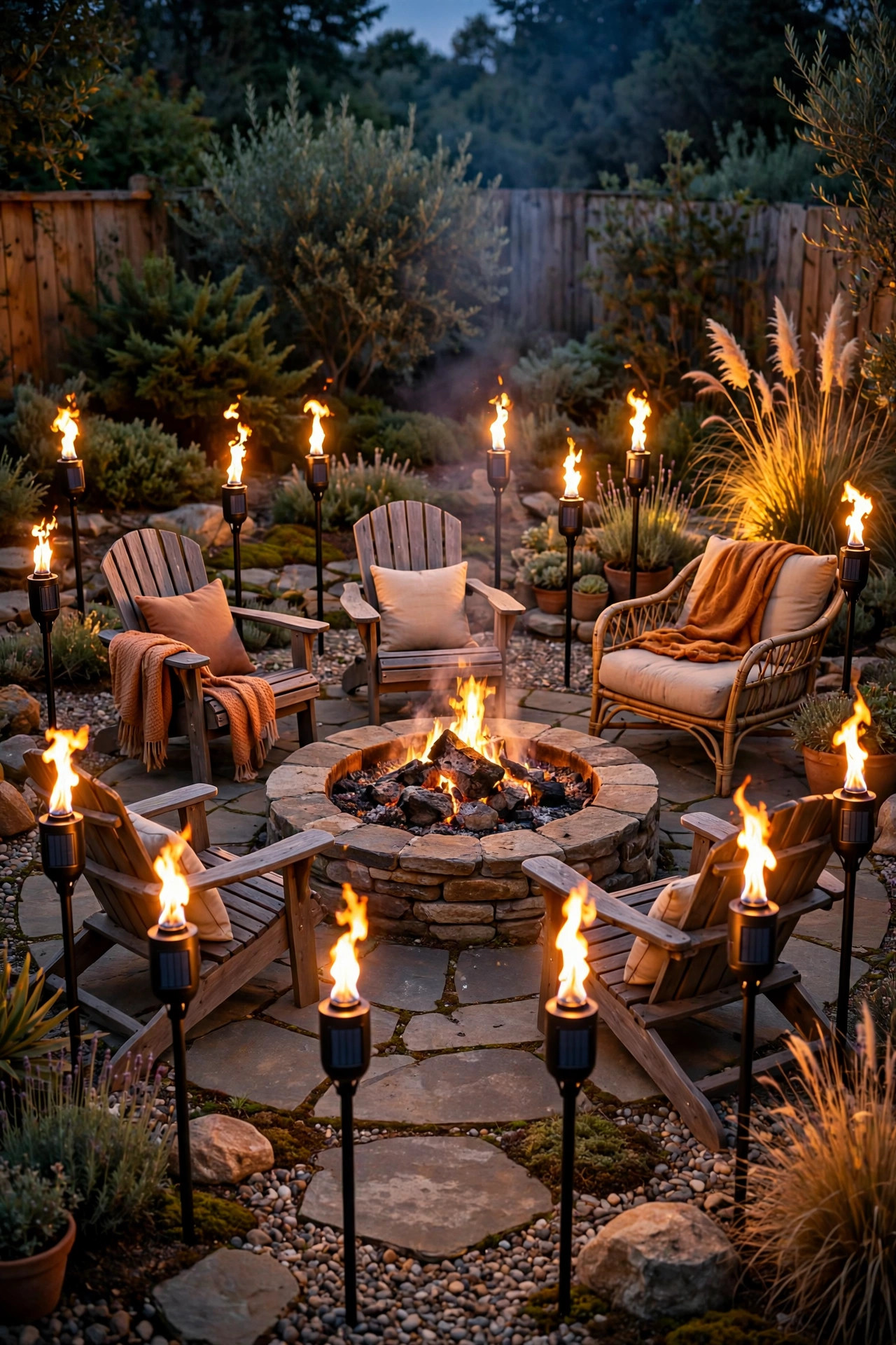 Flame-effect solar torches flickering around the perimeter of a fire pit seating area
