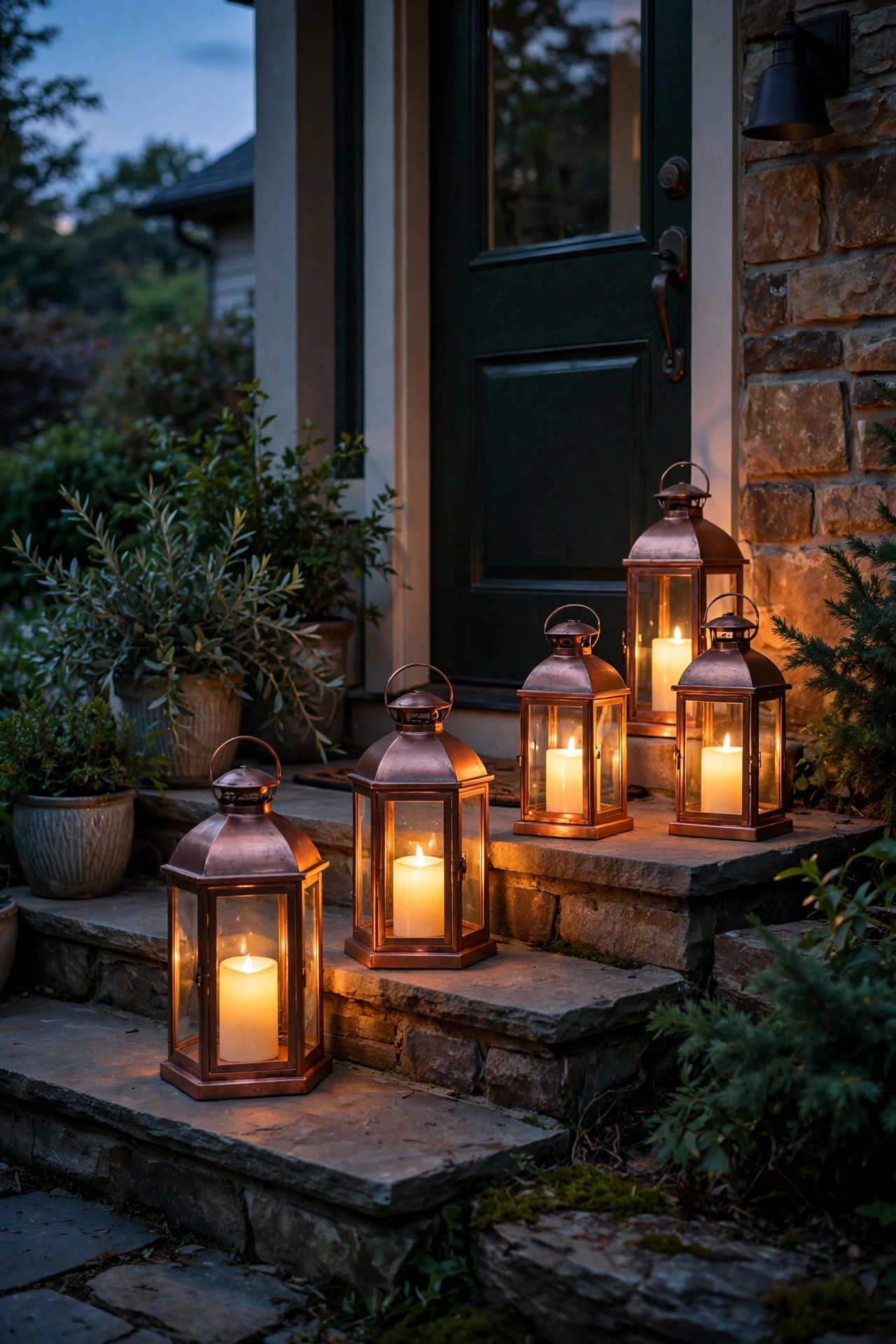 Group of copper lanterns with flameless LED candles arranged on porch steps beside the front door