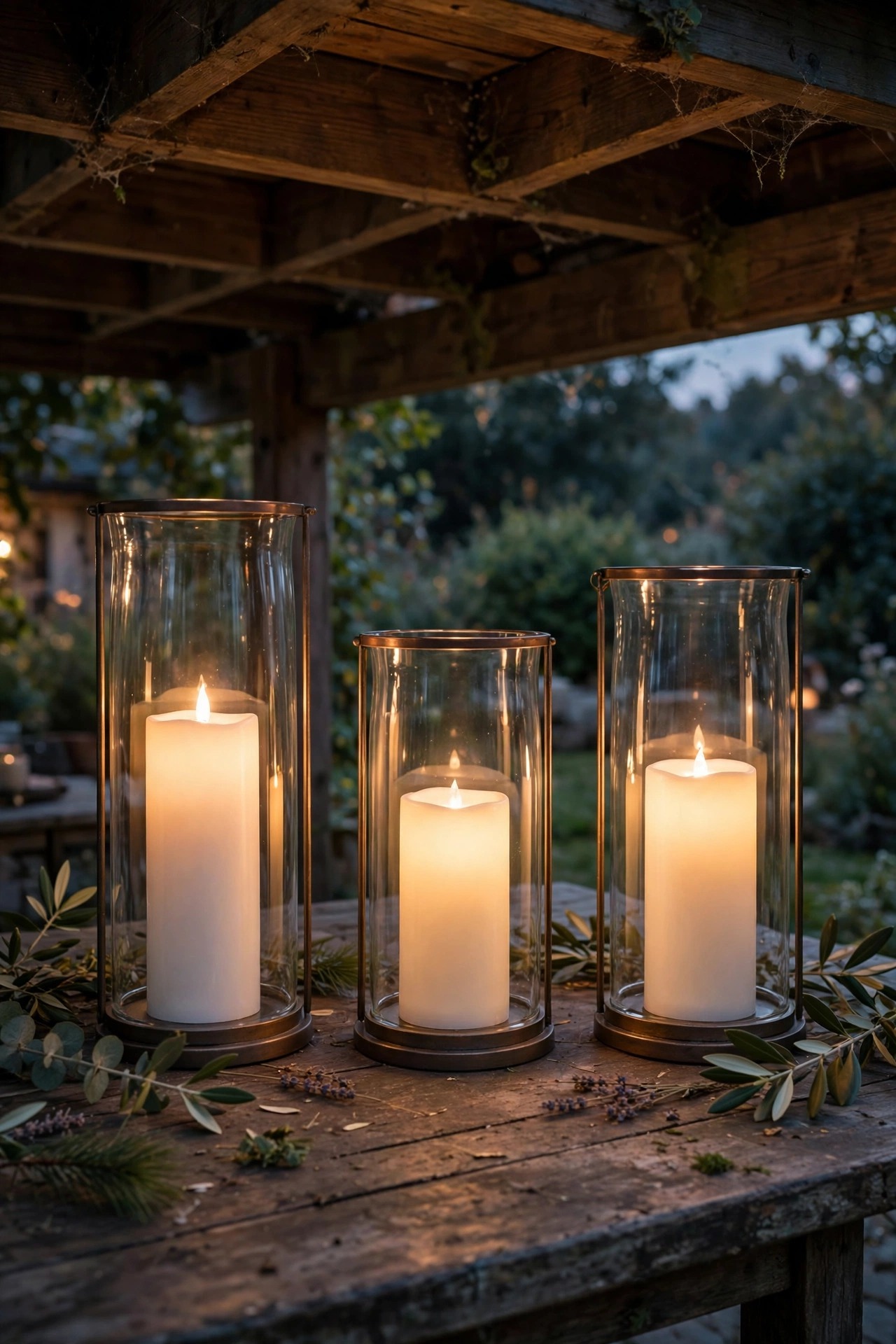 Flameless LED candles flickering inside glass hurricane lanterns on an under-deck patio table