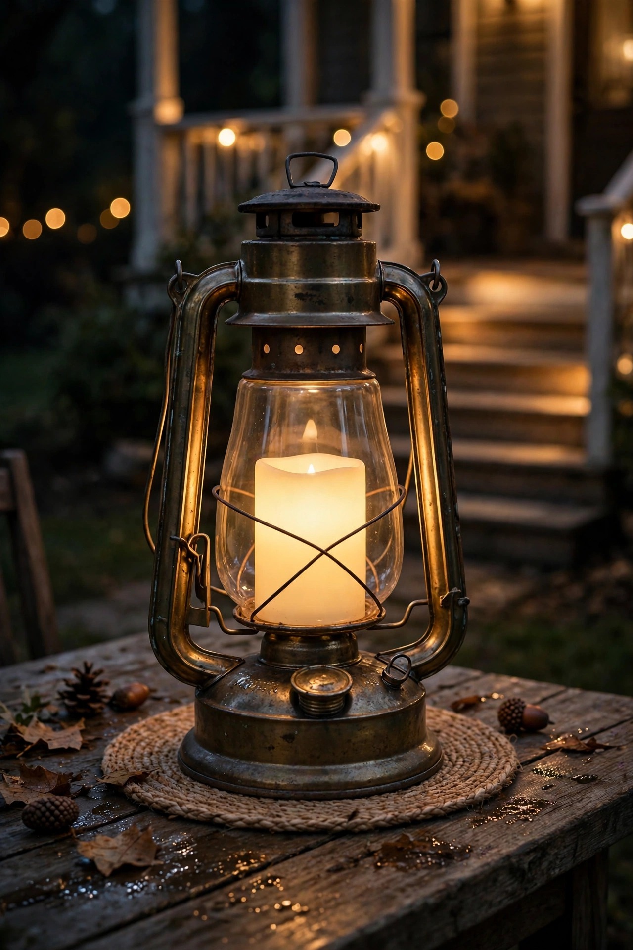 Hurricane lantern with a flameless LED candle glowing on a porch table at night, warm flickering light with porch steps softly lit behind it