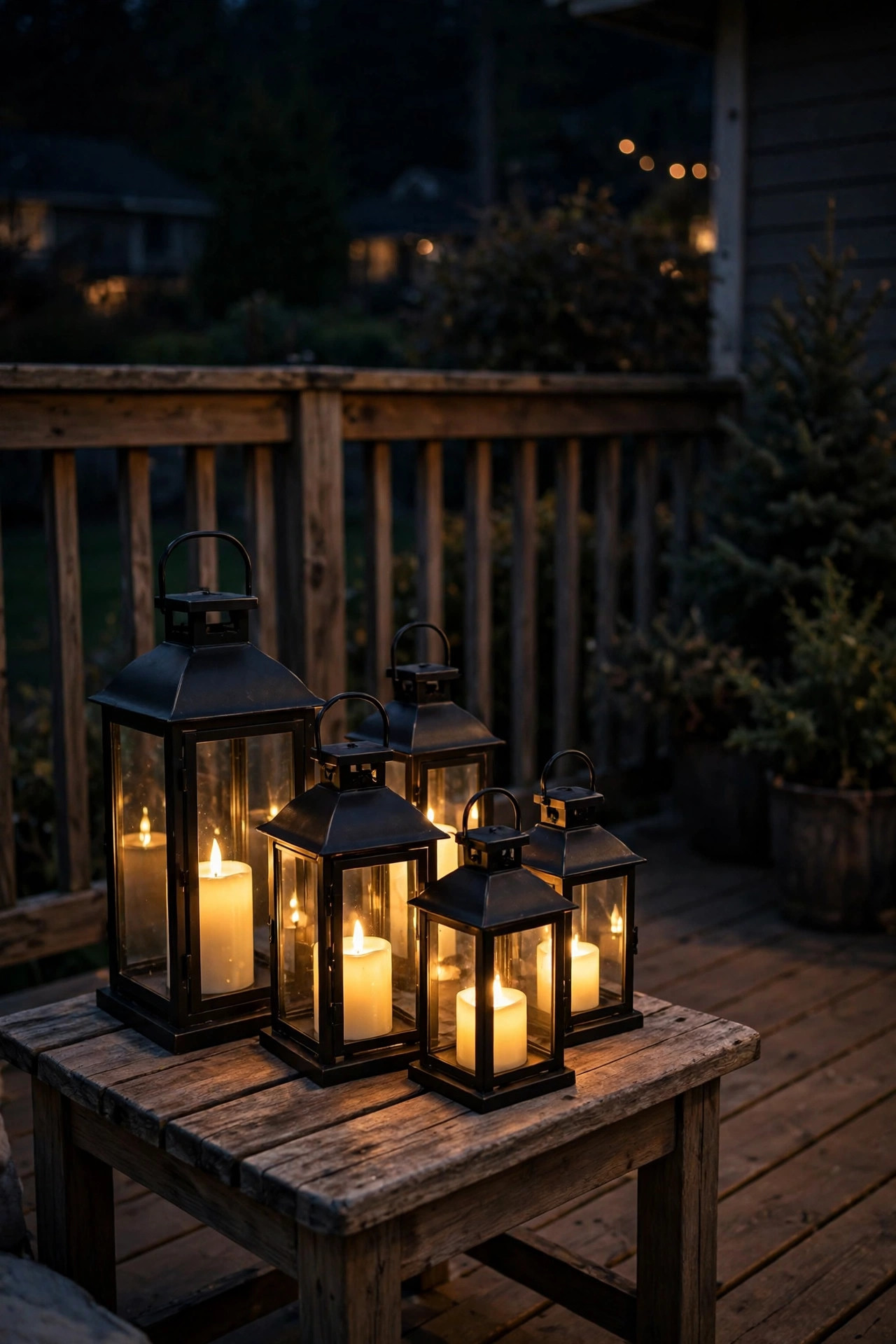 Cluster of black metal lanterns with flickering LED candles on a wooden deck side table at night