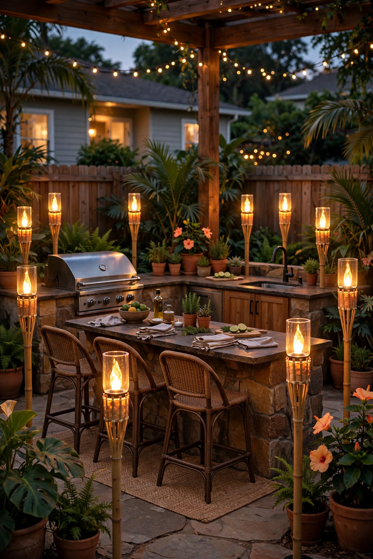 Flameless LED tiki torches glowing around outdoor kitchen seating area at dusk