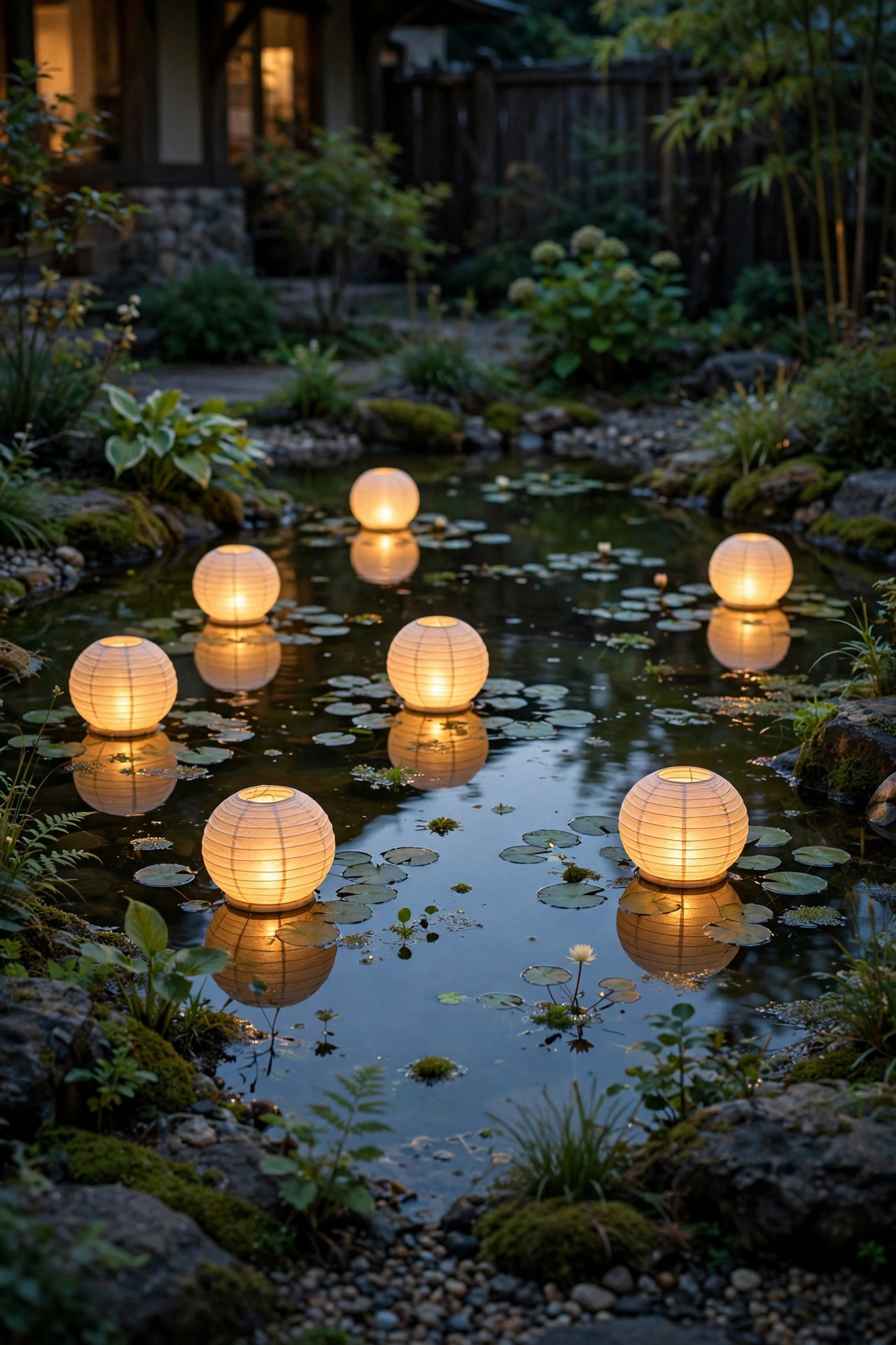 Floating solar lanterns glowing on the surface of a garden pond at twilight