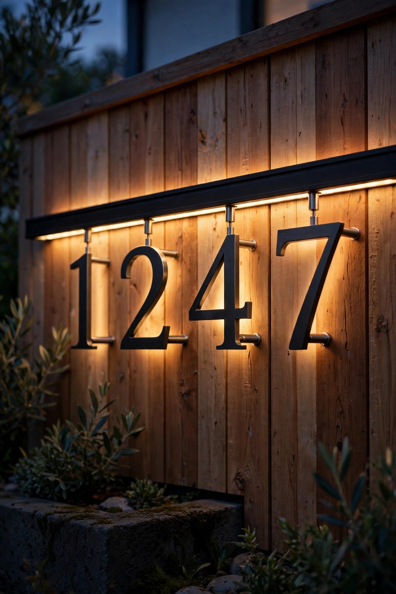 Floating house numbers on standoffs with a warm LED strip glow behind the mounting rail