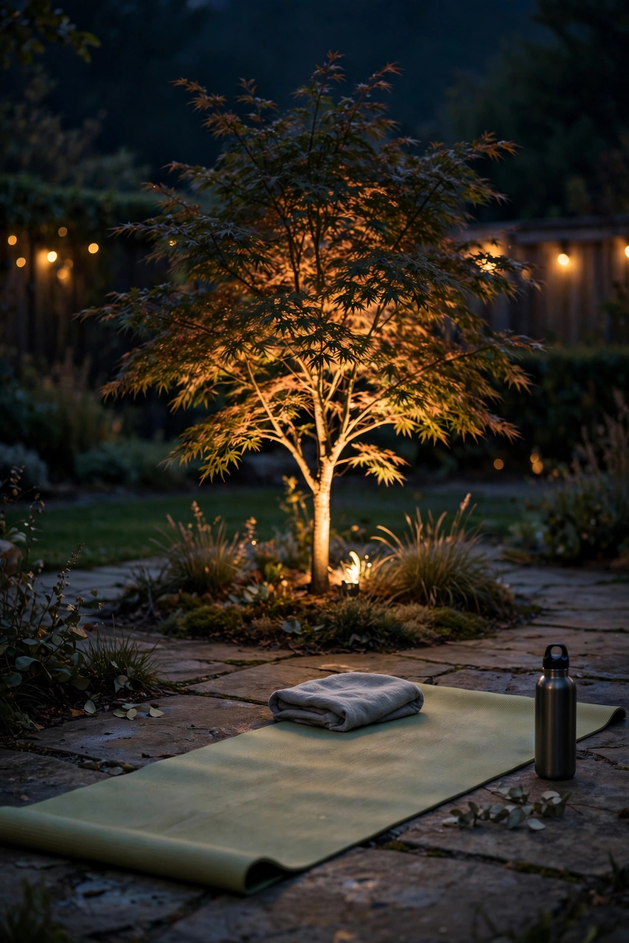 Single small tree softly uplighted as a focal point beyond an outdoor yoga mat at night