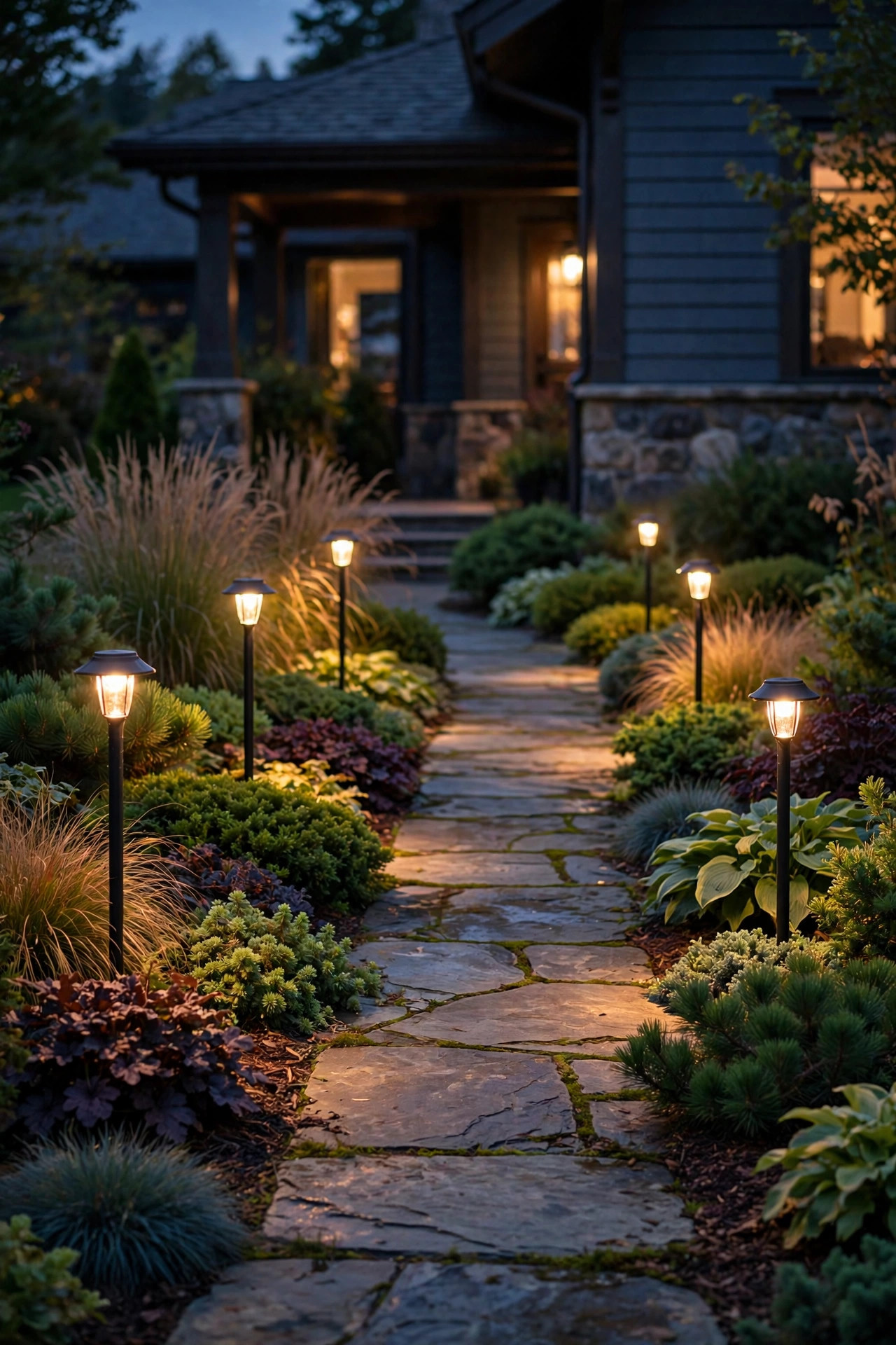 Tall thirty-inch path lights rising above layered foundation plantings to light a front walkway at night