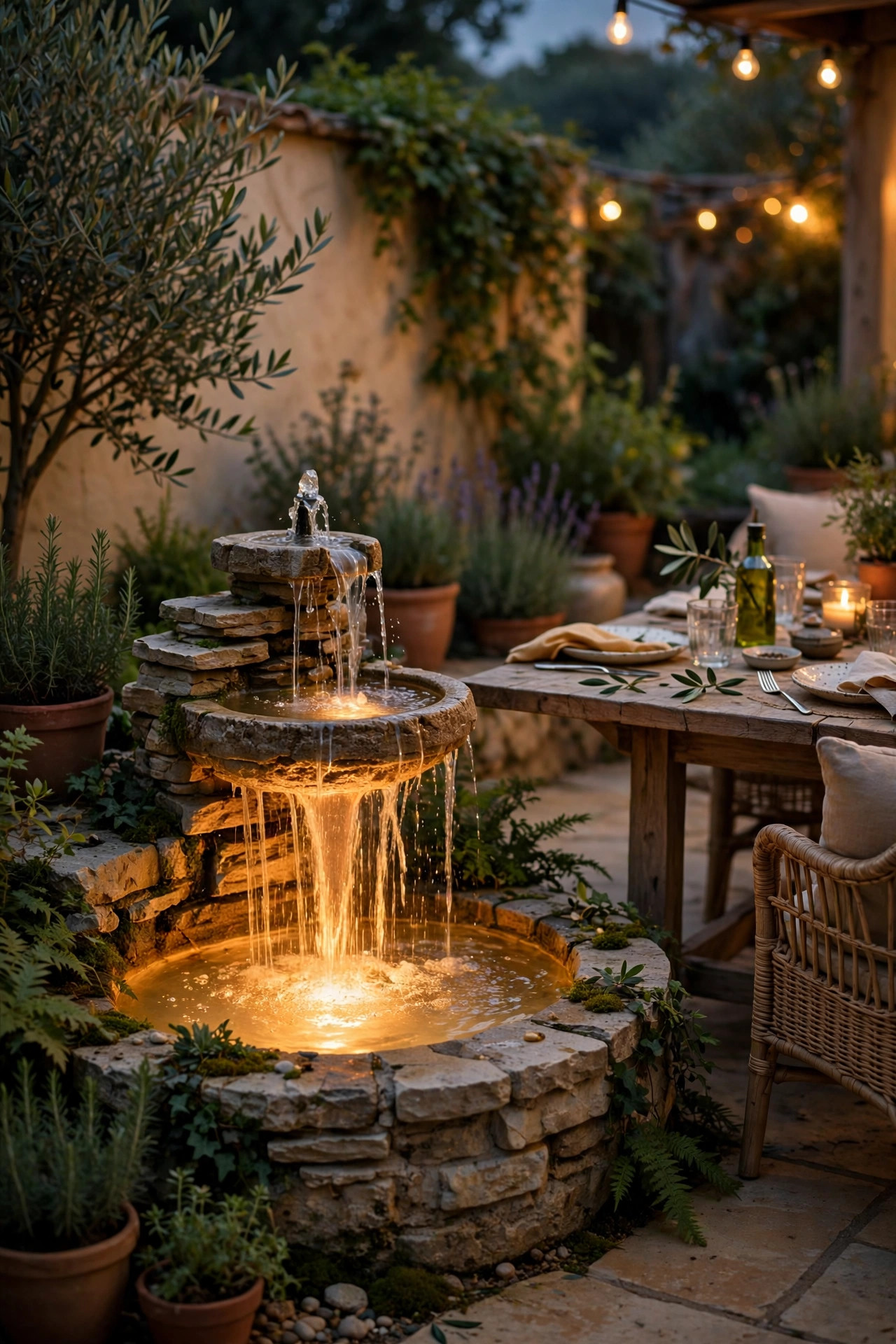Small patio fountain with warm underwater light glowing through falling water beside a dining area