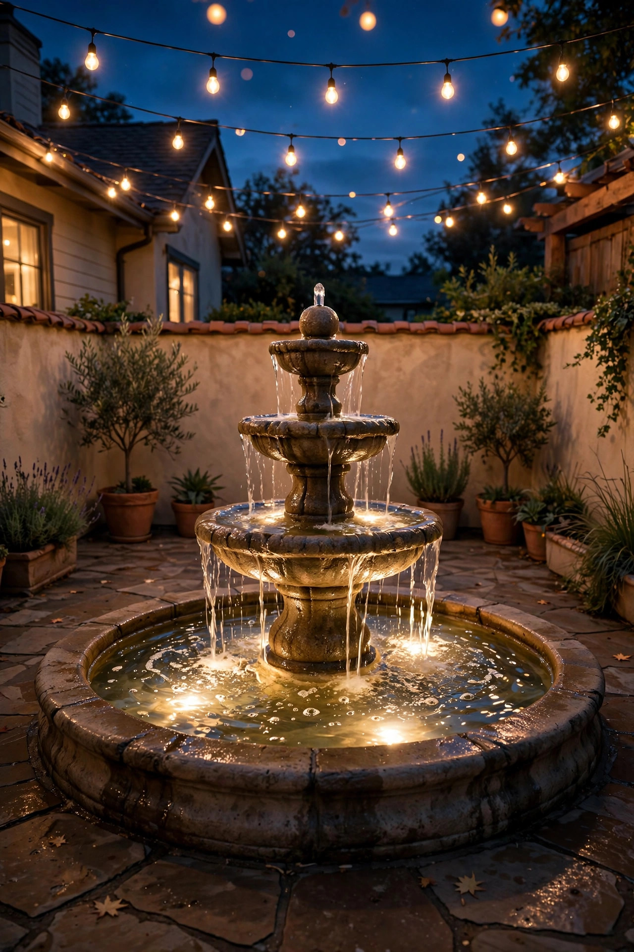 Illuminated courtyard fountain glowing at night with underwater spotlights