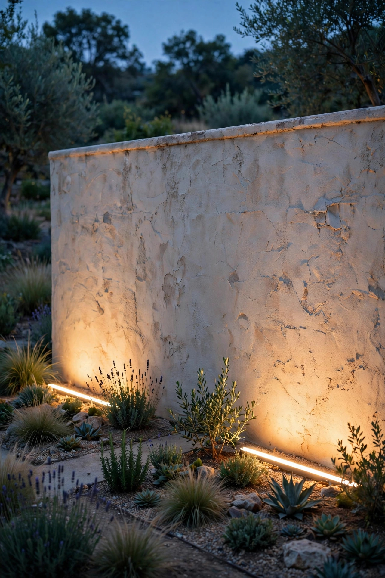 Freestanding stucco garden wall at dusk washed with warm light on both sides by linear bars in the beds below