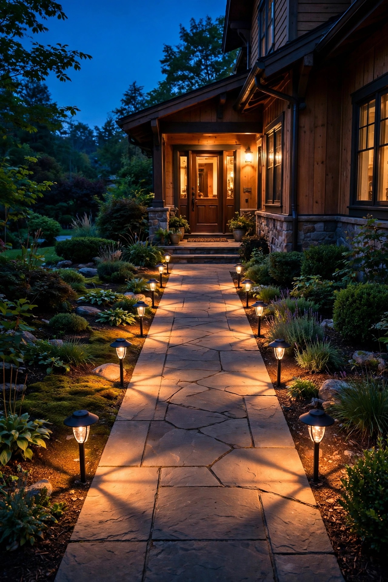 A front walkway lined with paired shielded path lights casting overlapping pools of warm light leading to a glowing front door